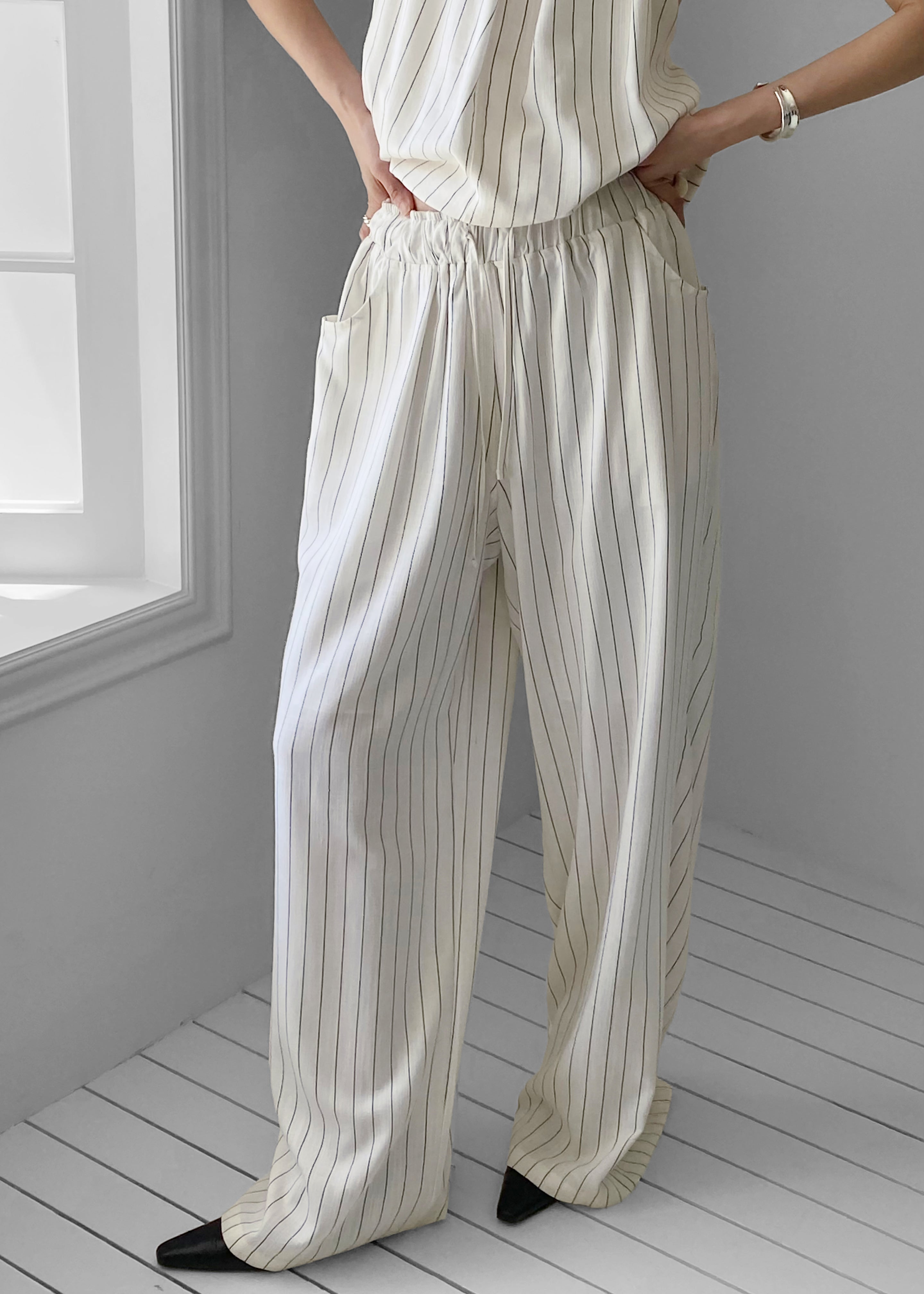 Branton Drawstring Pants - White/Black Pinstripe - 3