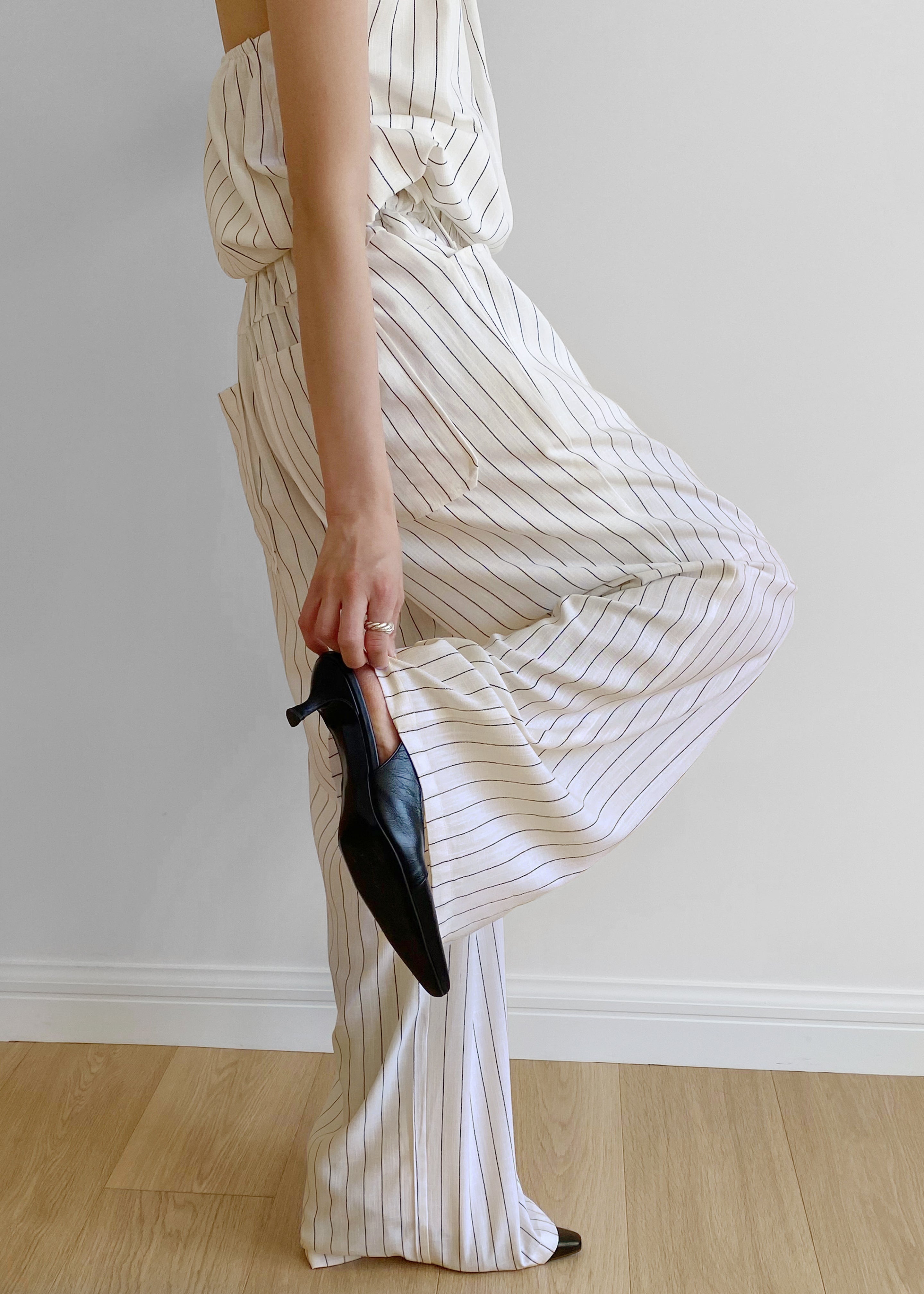 Branton Drawstring Pants - White/Black Pinstripe - 4