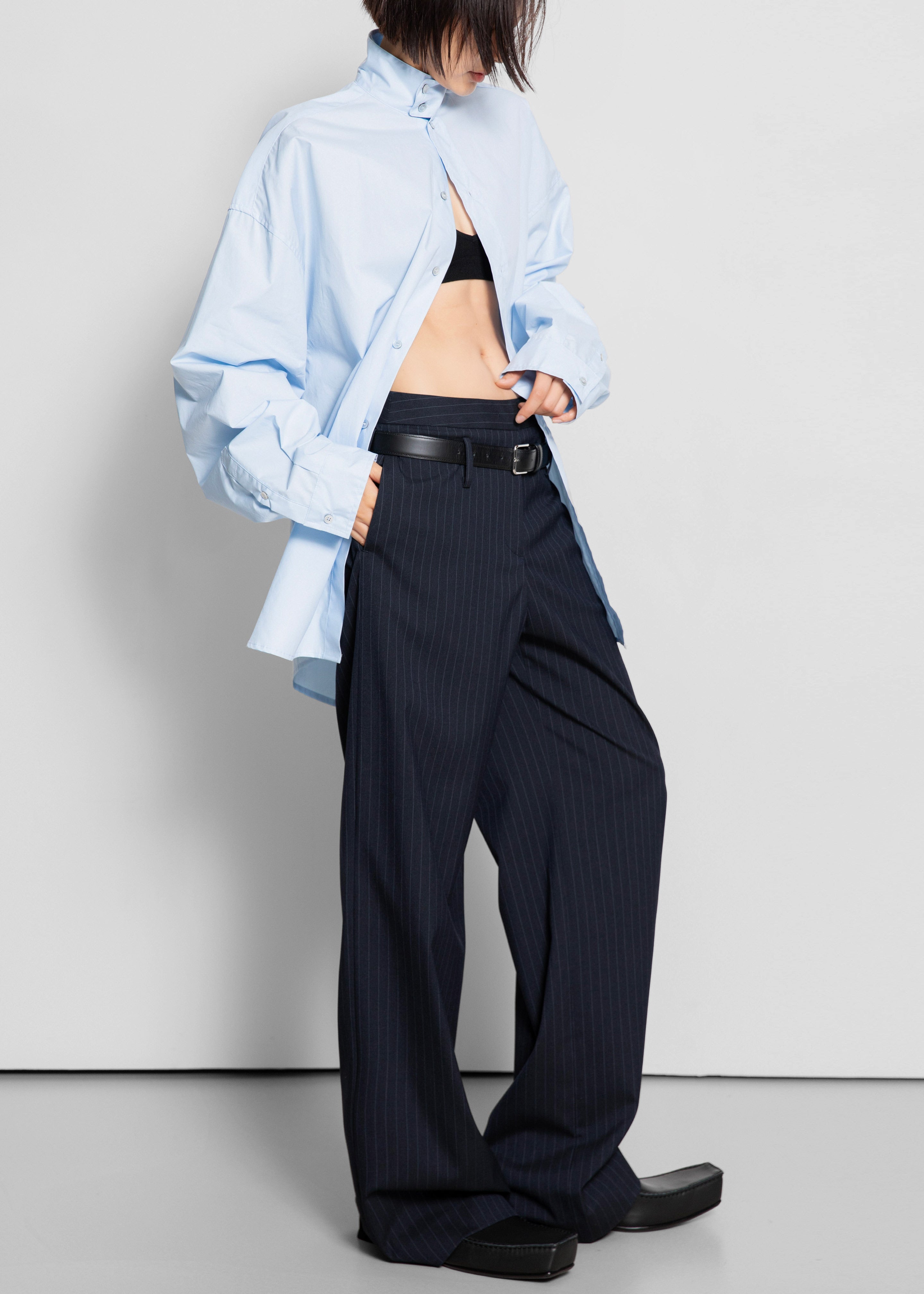 Camlez Low Belt Loop Trousers - Navy Pinstripe - 8