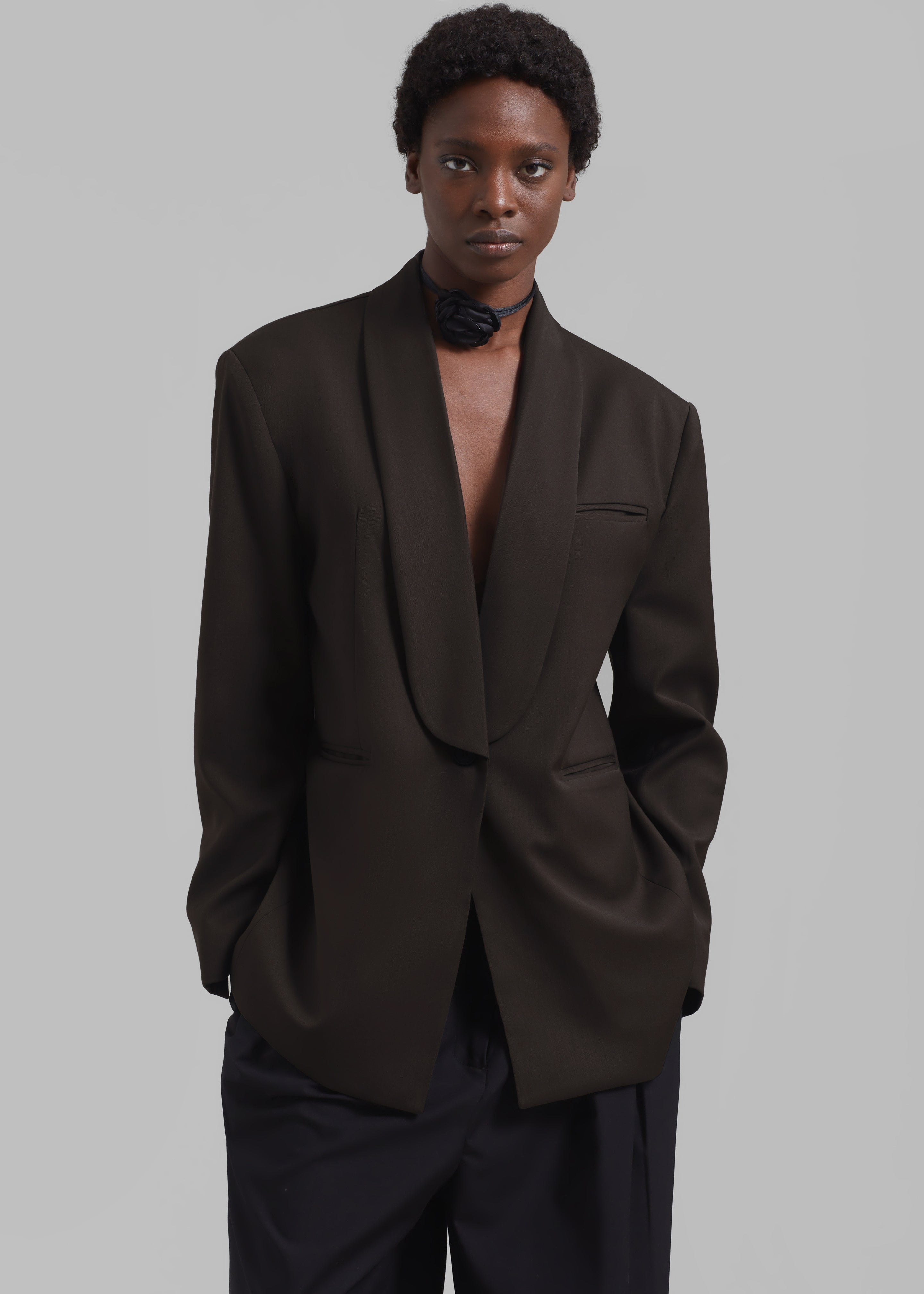 Carey Round Collar Blazer - Brown - 1