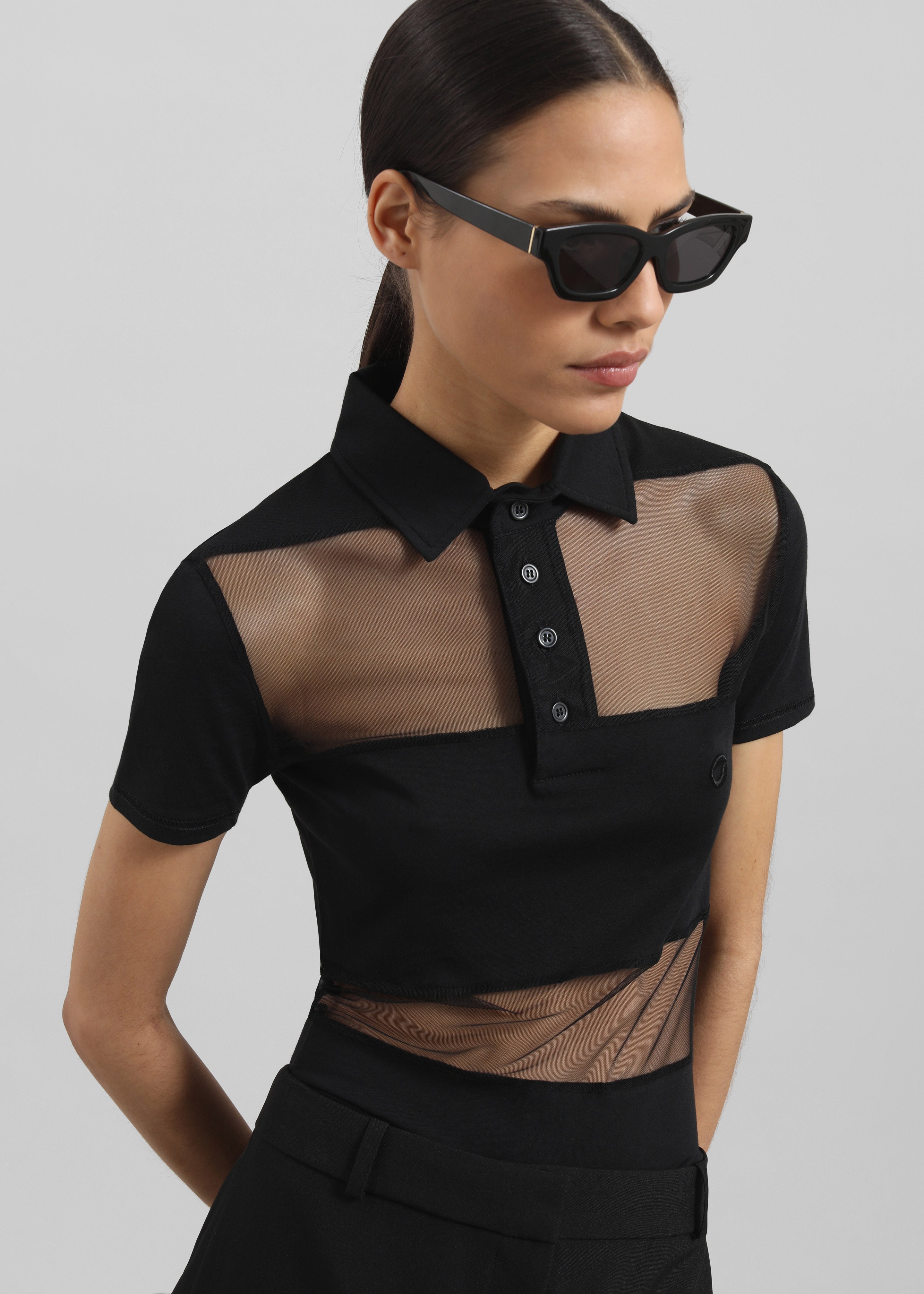 Coperni Striped Sheer Polo Top - Black - 4