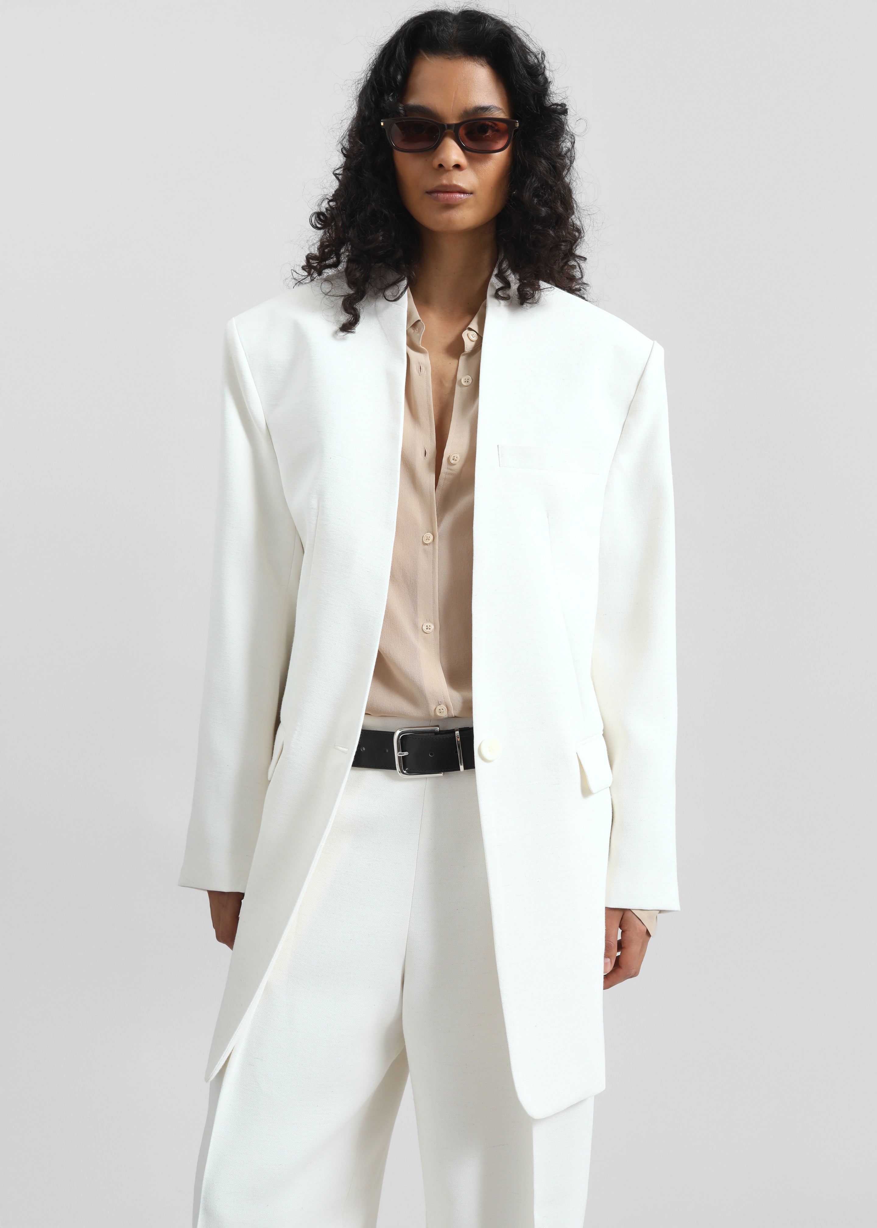 Corsham Collarless Oversized Blazer - White - 3