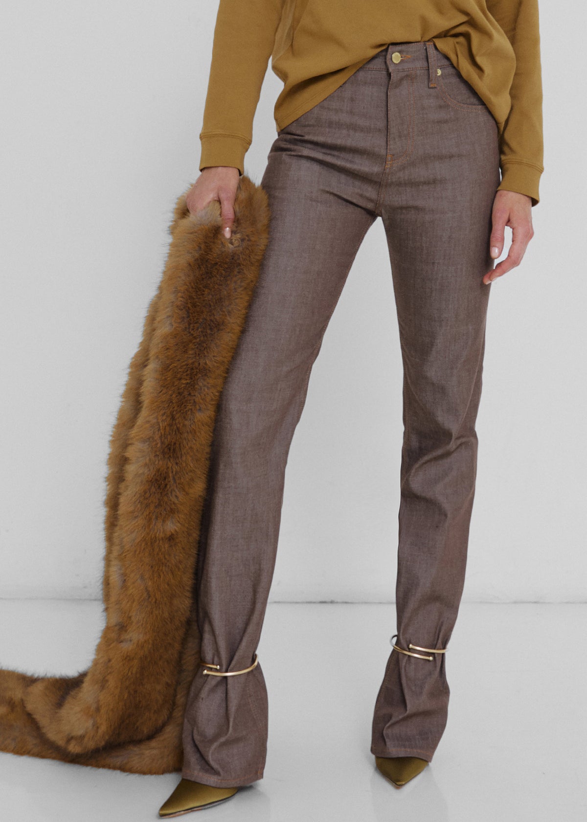 Darkpark Marion Cuff Adorned Straight Leg Fitted Denim - Brown - 2