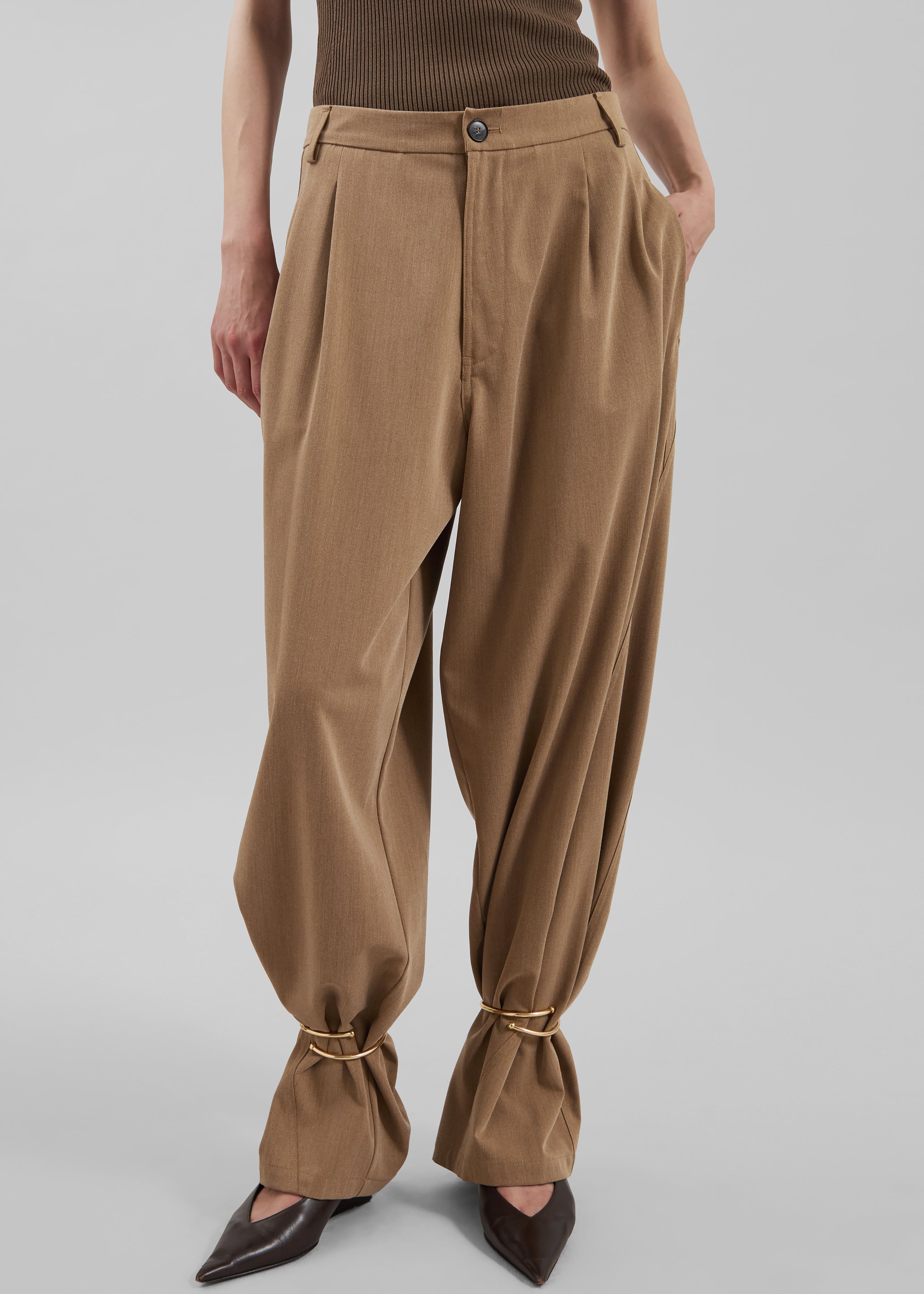 Darkpark Phebe Cuff Adorned Wide-Leg Wool Pants - Beige - 5