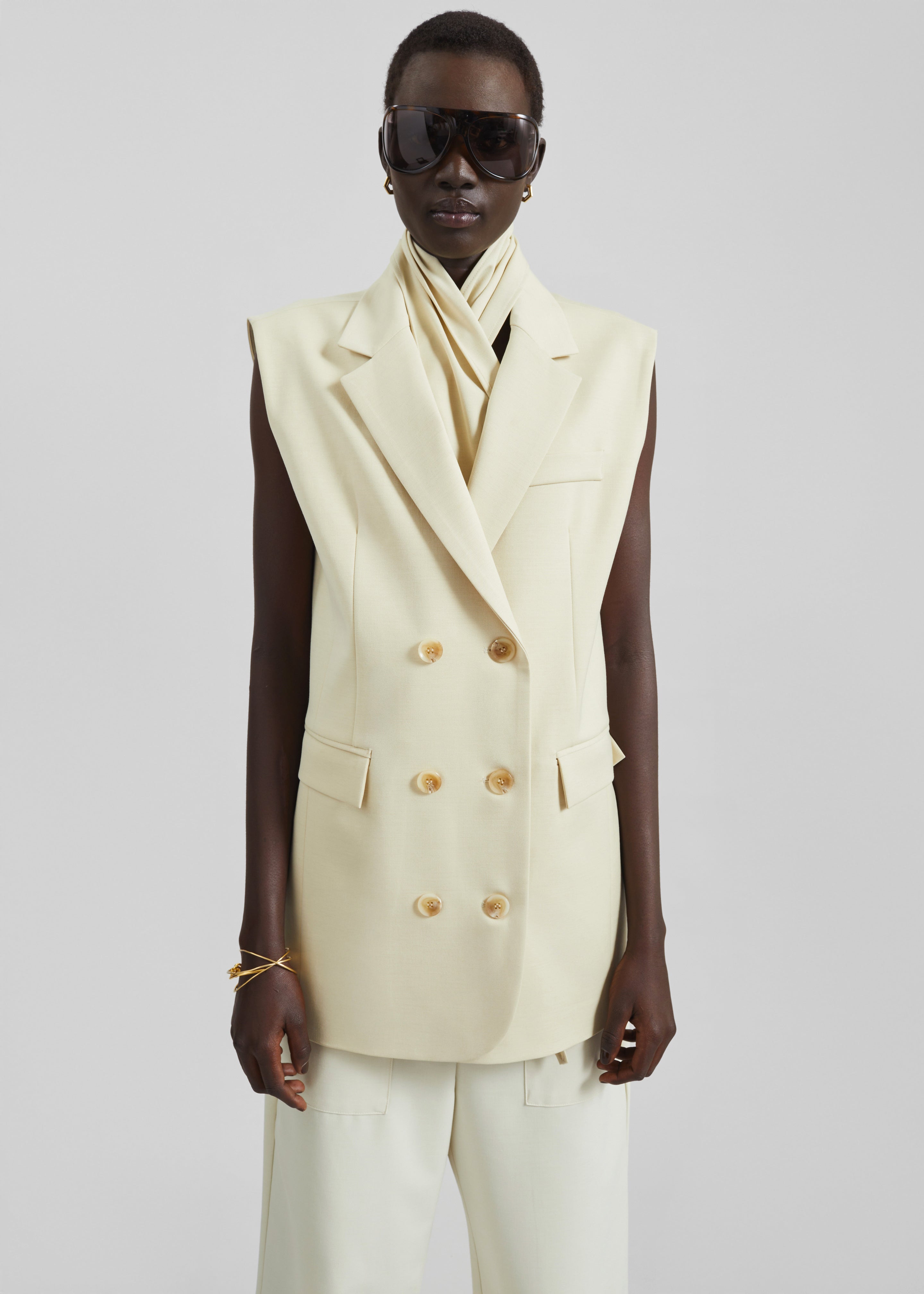 Daven Sleeveless Scarf Blazer - Cement - 4