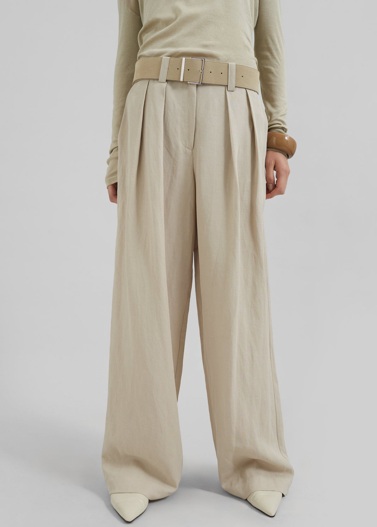 Daytona Pleated Linen Trousers - Cement - 2