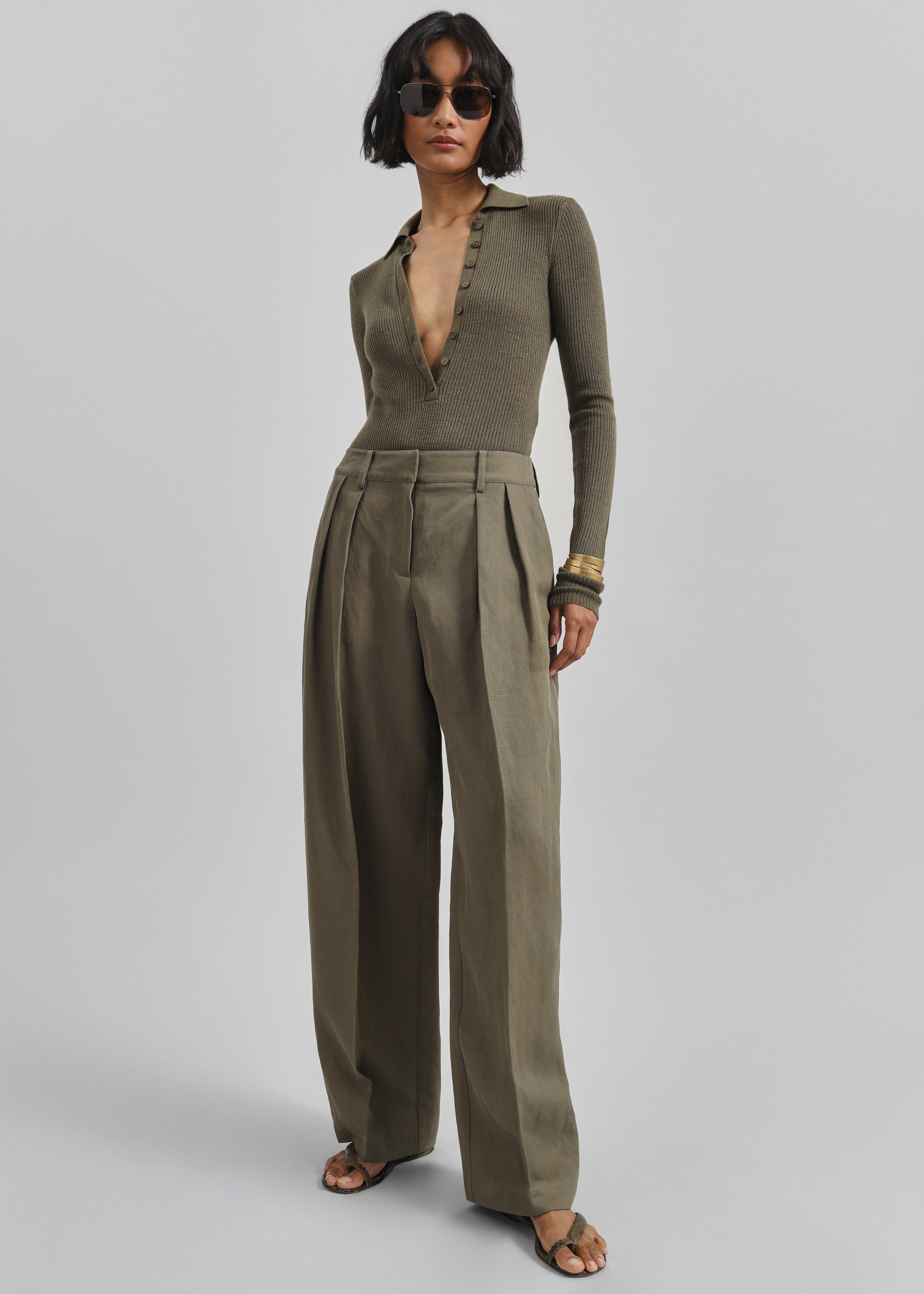 Daytona Pleated Linen Trousers - Khaki - 8