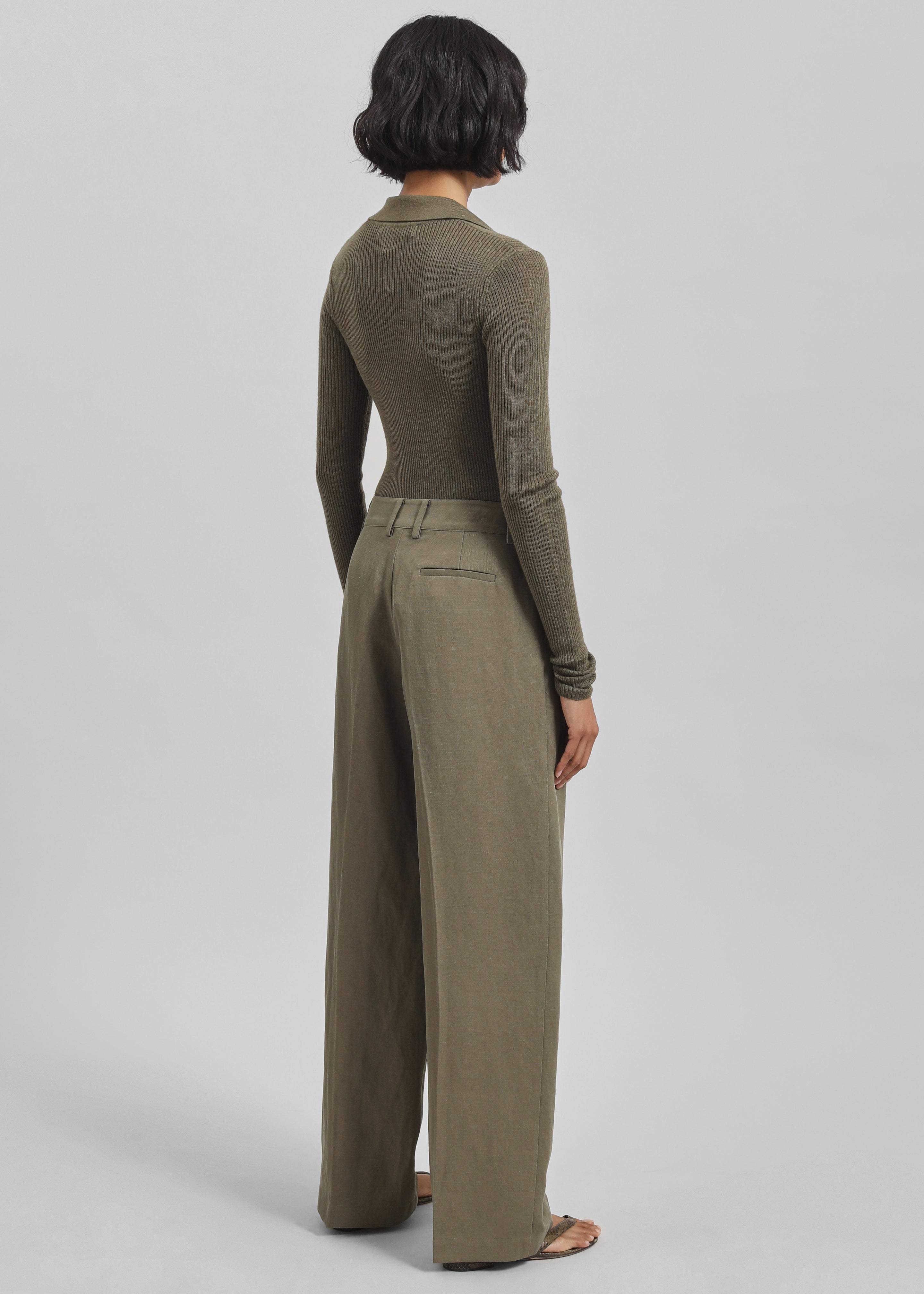 Daytona Pleated Linen Trousers - Khaki - 9