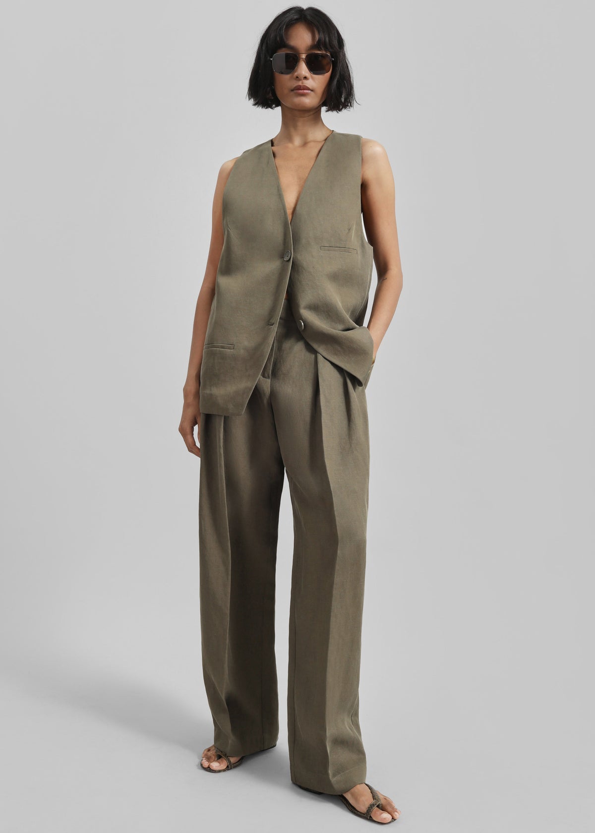 Daytona Pleated Linen Trousers - Khaki - 5