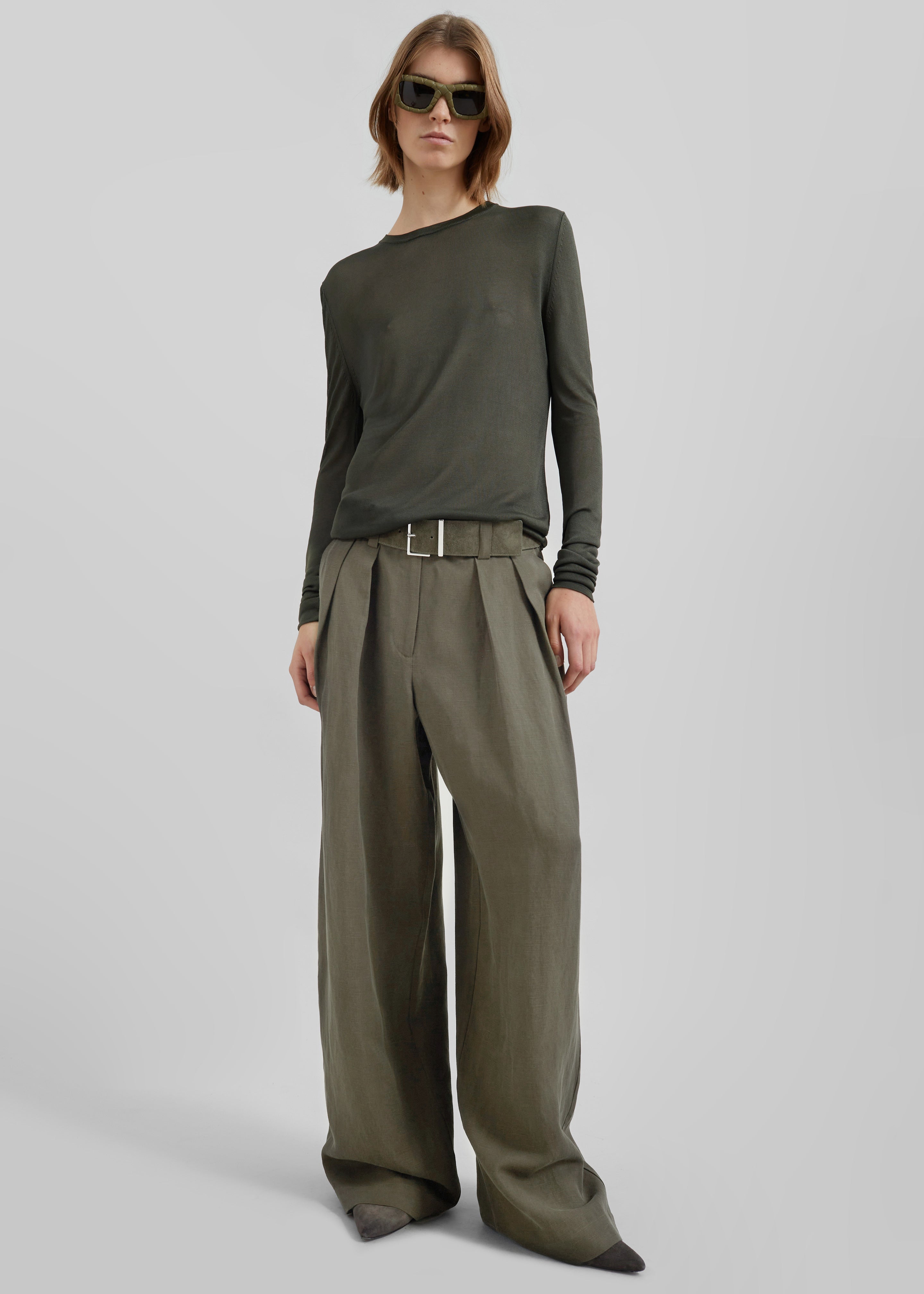 Daytona Pleated Linen Trousers - Khaki - 2