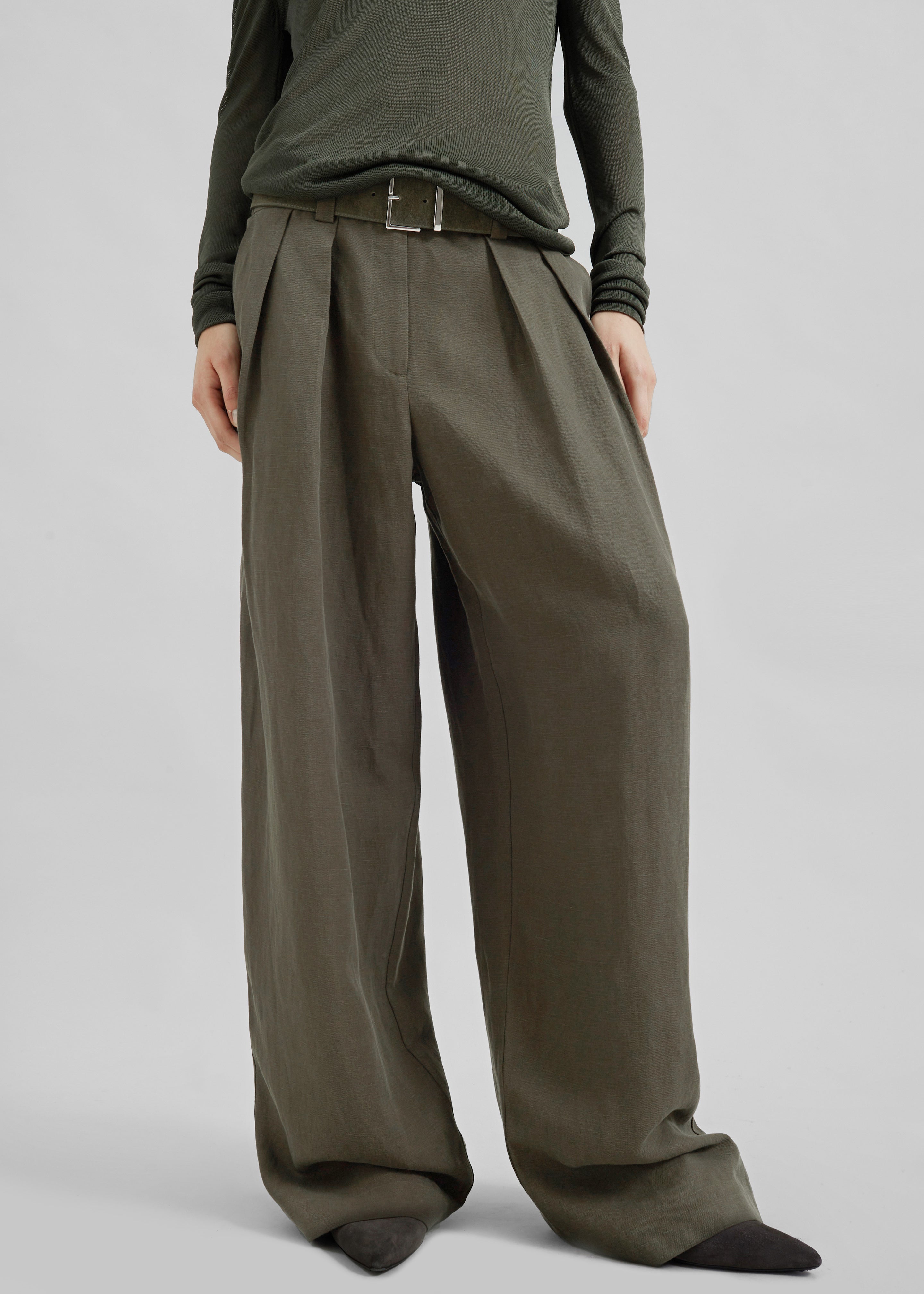 Daytona Pleated Linen Trousers - Khaki - 1