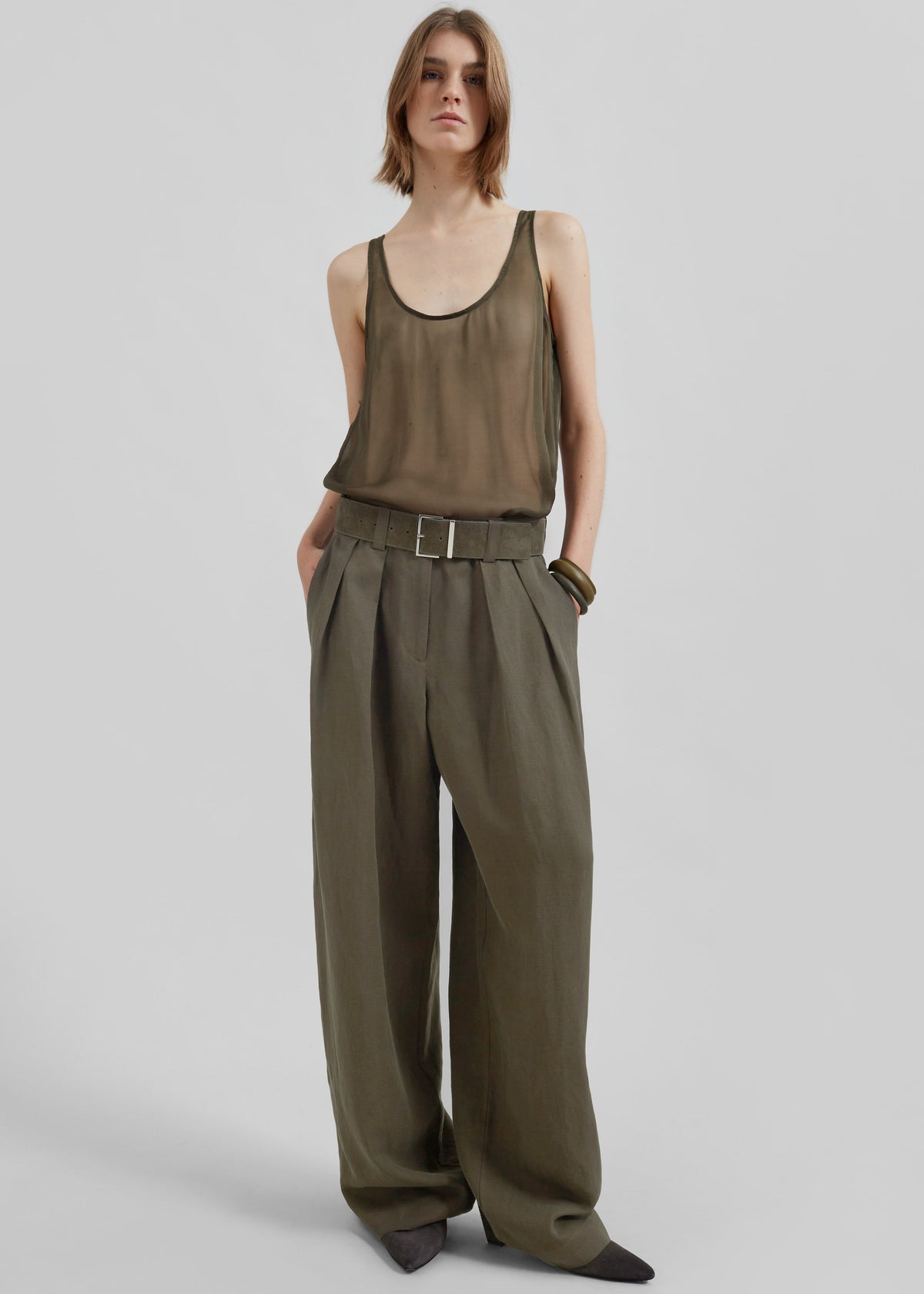 Daytona Pleated Linen Trousers - Khaki - 6