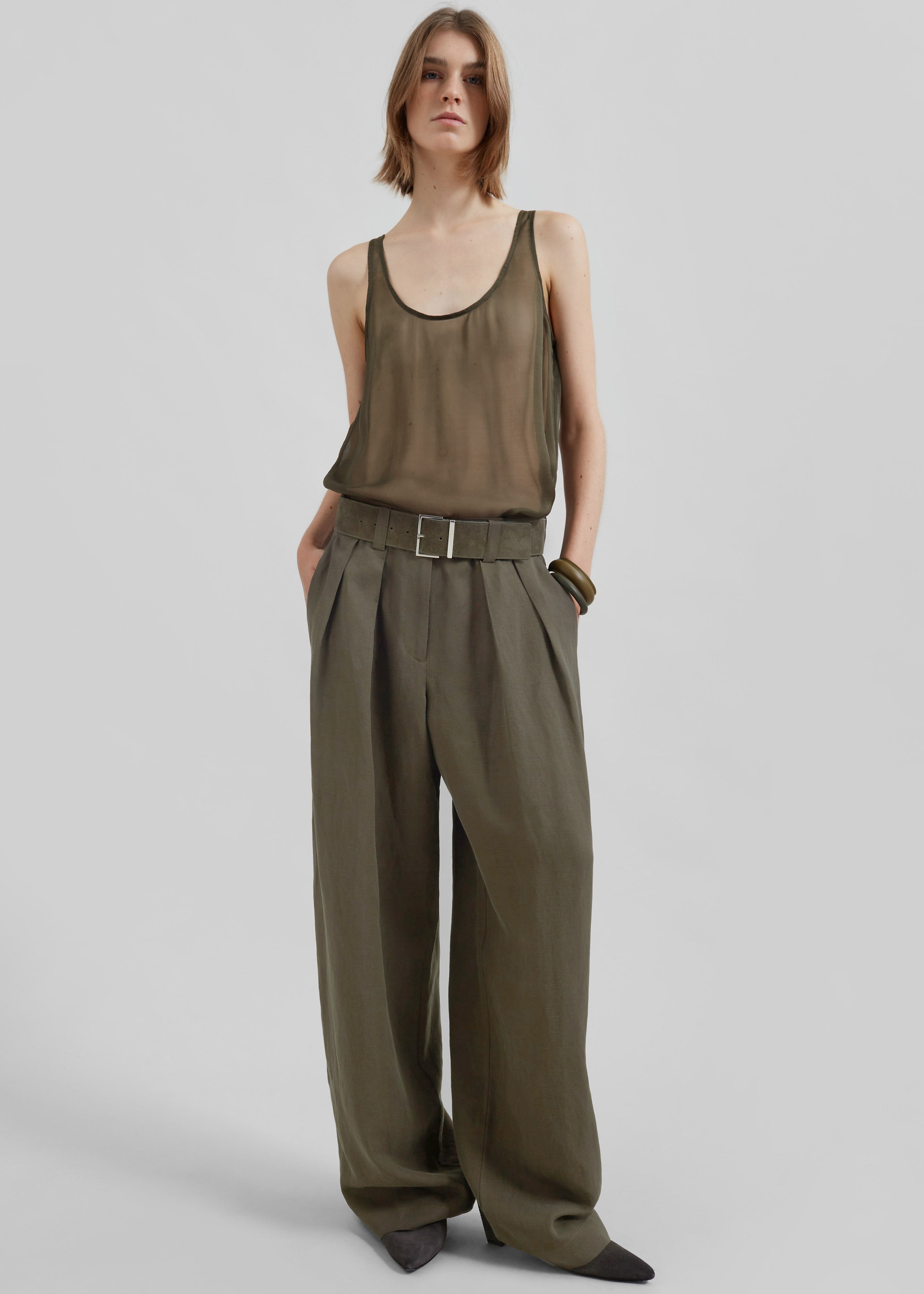 Daytona Pleated Linen Trousers - Khaki - 6
