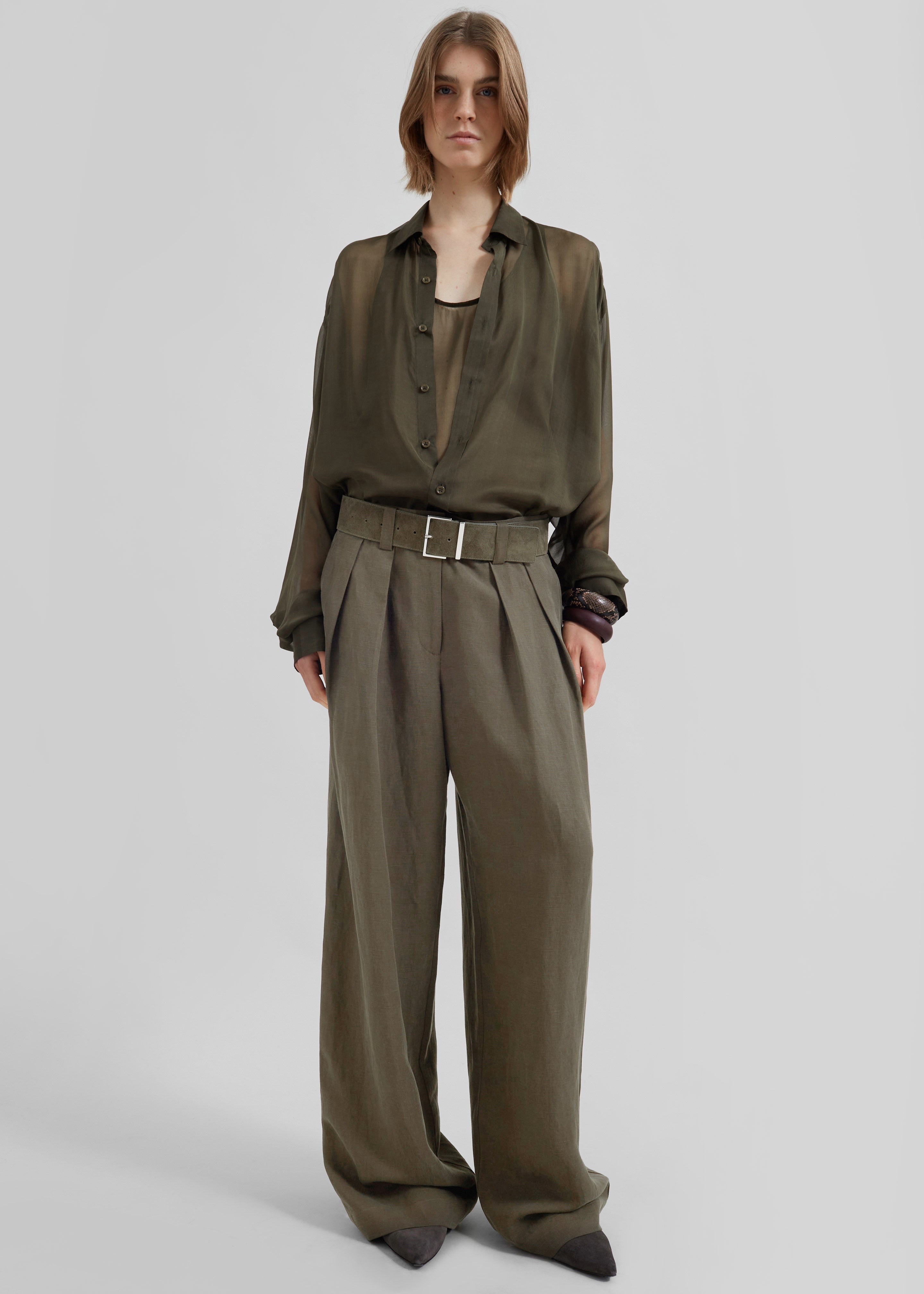 Daytona Pleated Linen Trousers - Khaki - 7