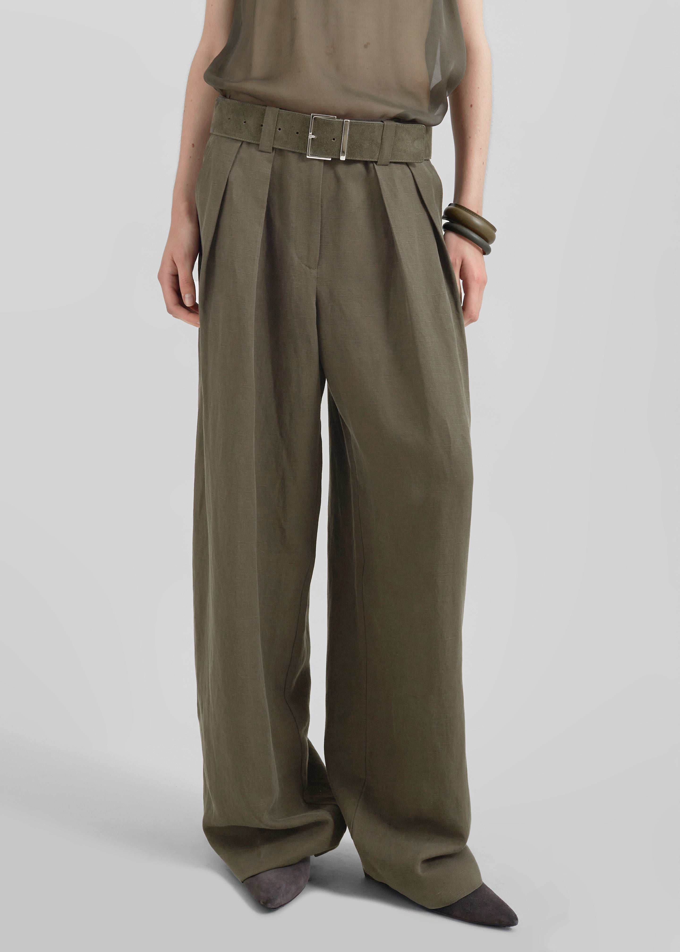 Daytona Pleated Linen Trousers - Khaki - 3