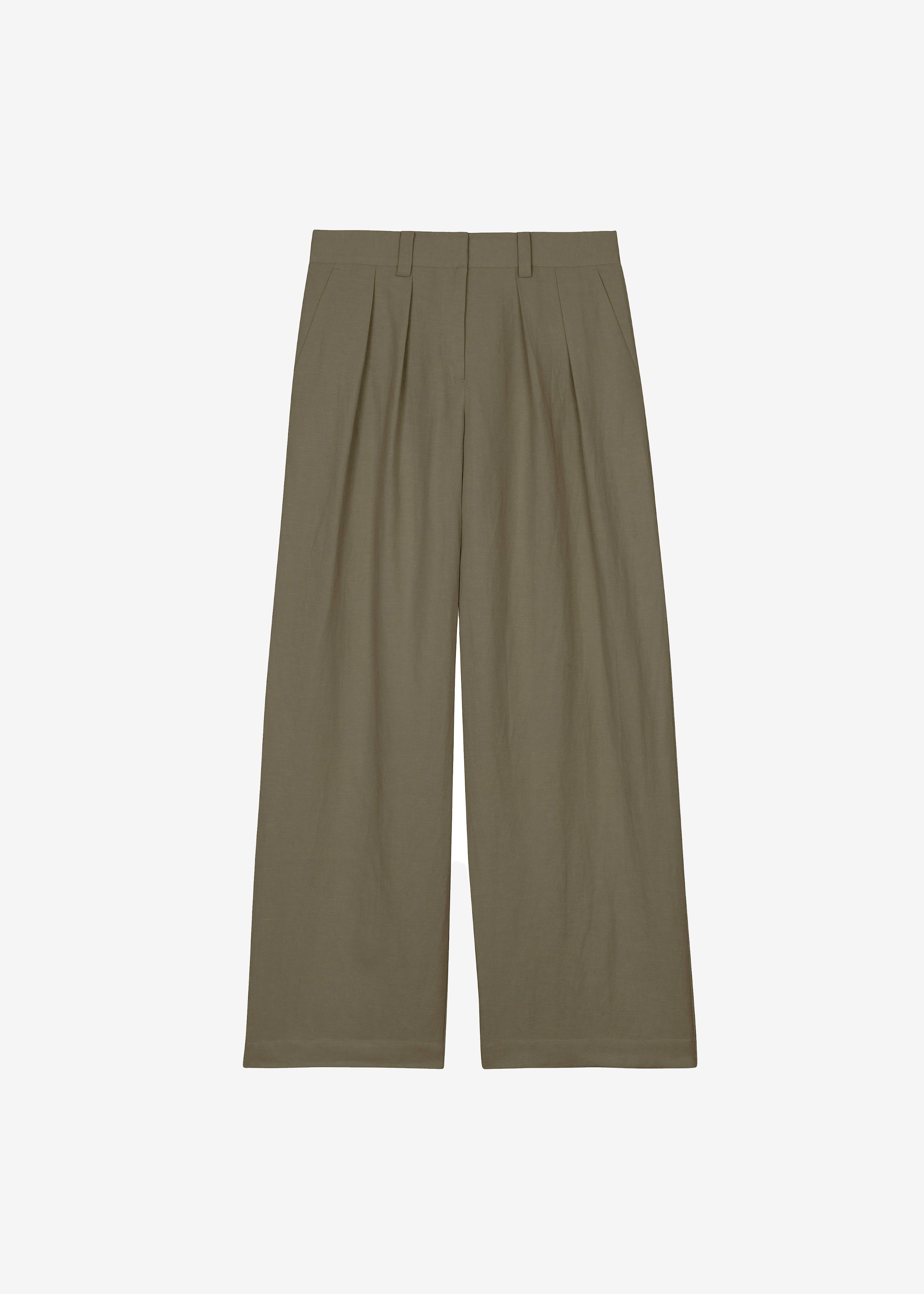 Daytona Pleated Linen Trousers - Khaki - 10