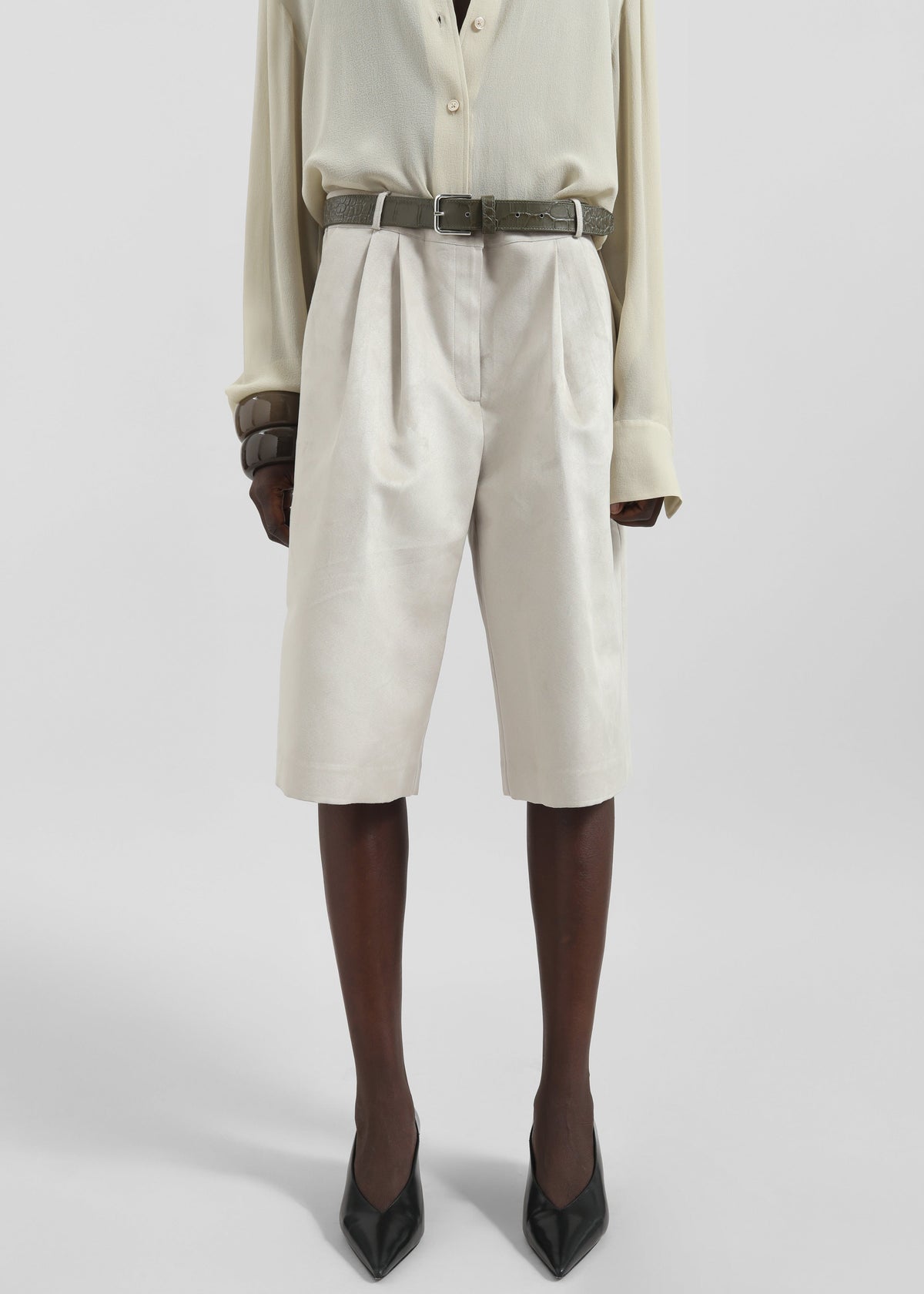 Edale Faux Suede Bermuda Shorts - Light Beige - 3