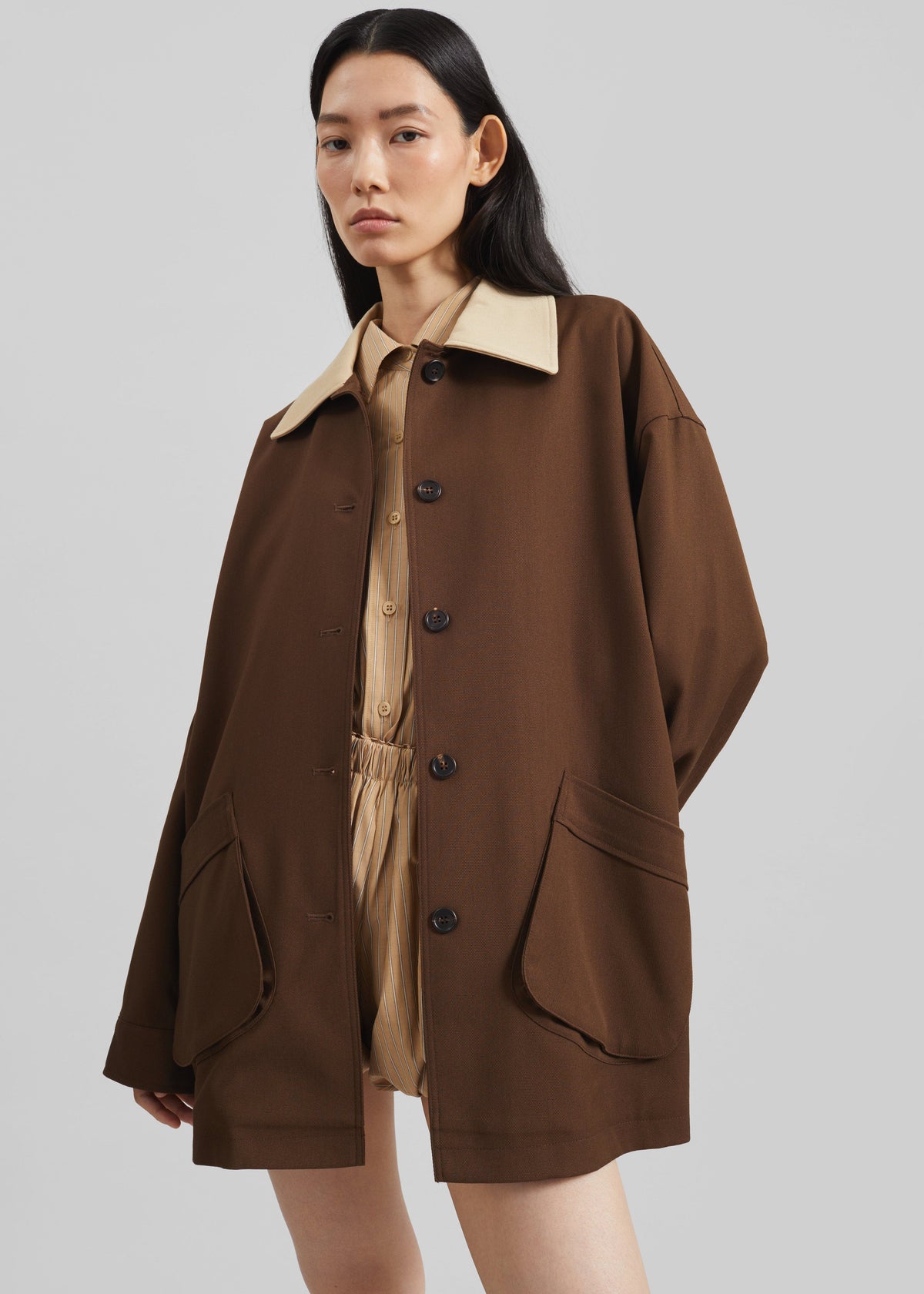 Eldar Contrast Collar Boxy Jacket - Brown - 2