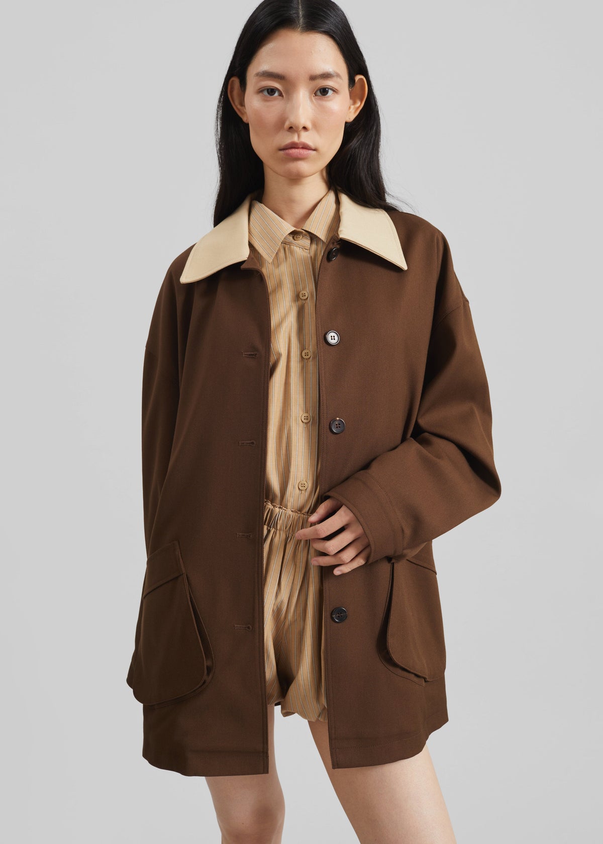 Eldar Contrast Collar Boxy Jacket - Brown - 5