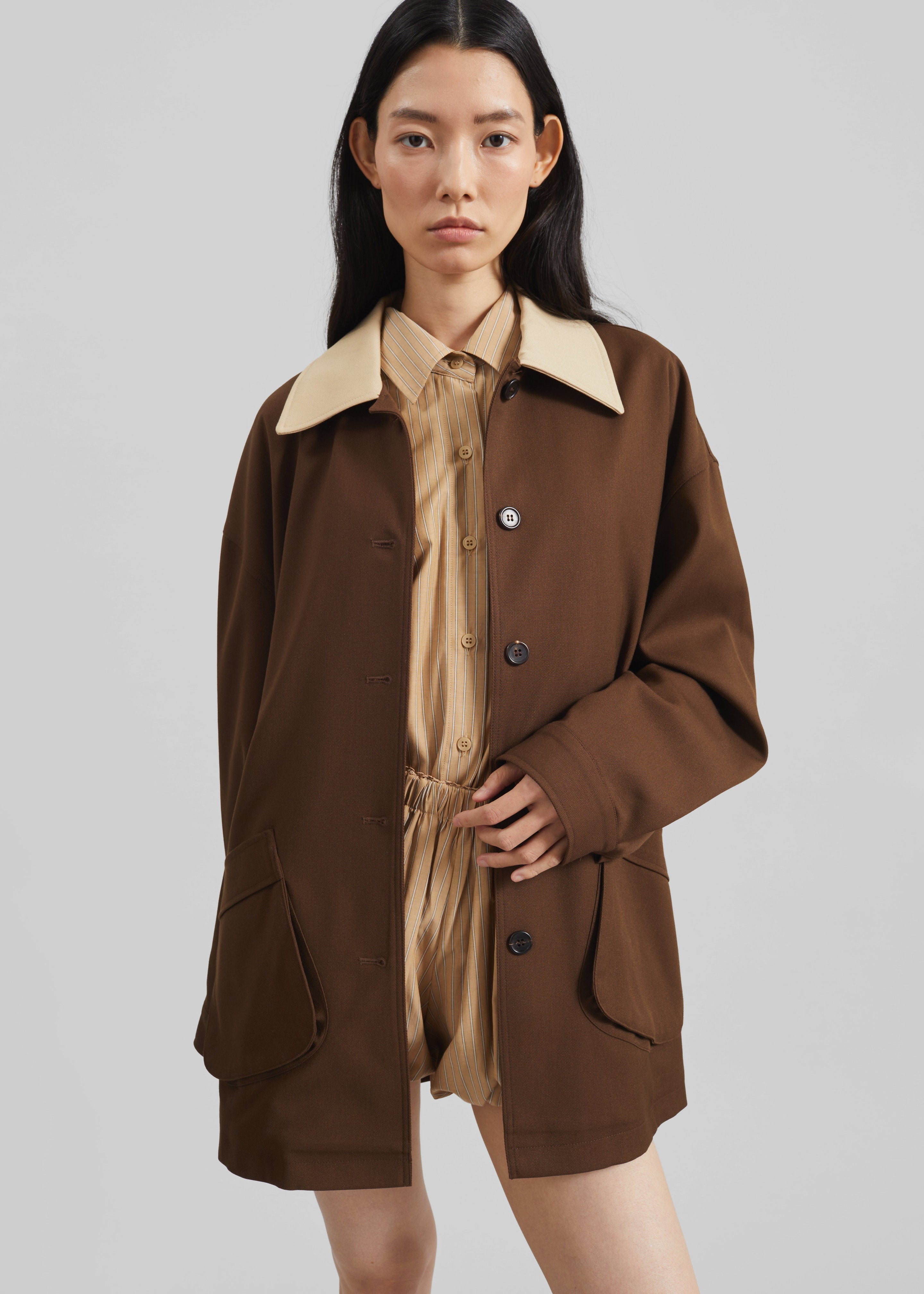 Eldar Contrast Collar Boxy Jacket - Brown - 5