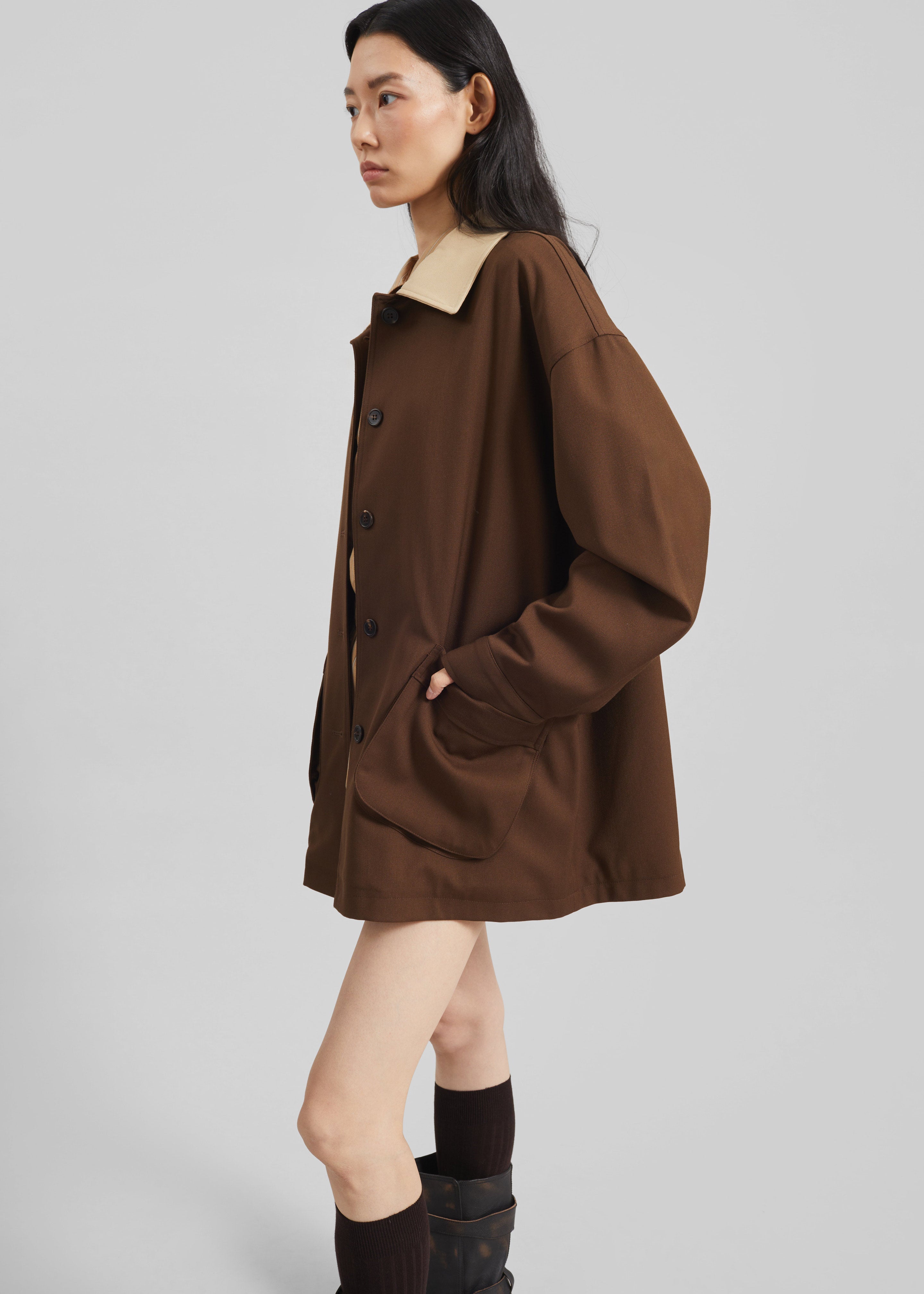 Eldar Contrast Collar Boxy Jacket - Brown - 4