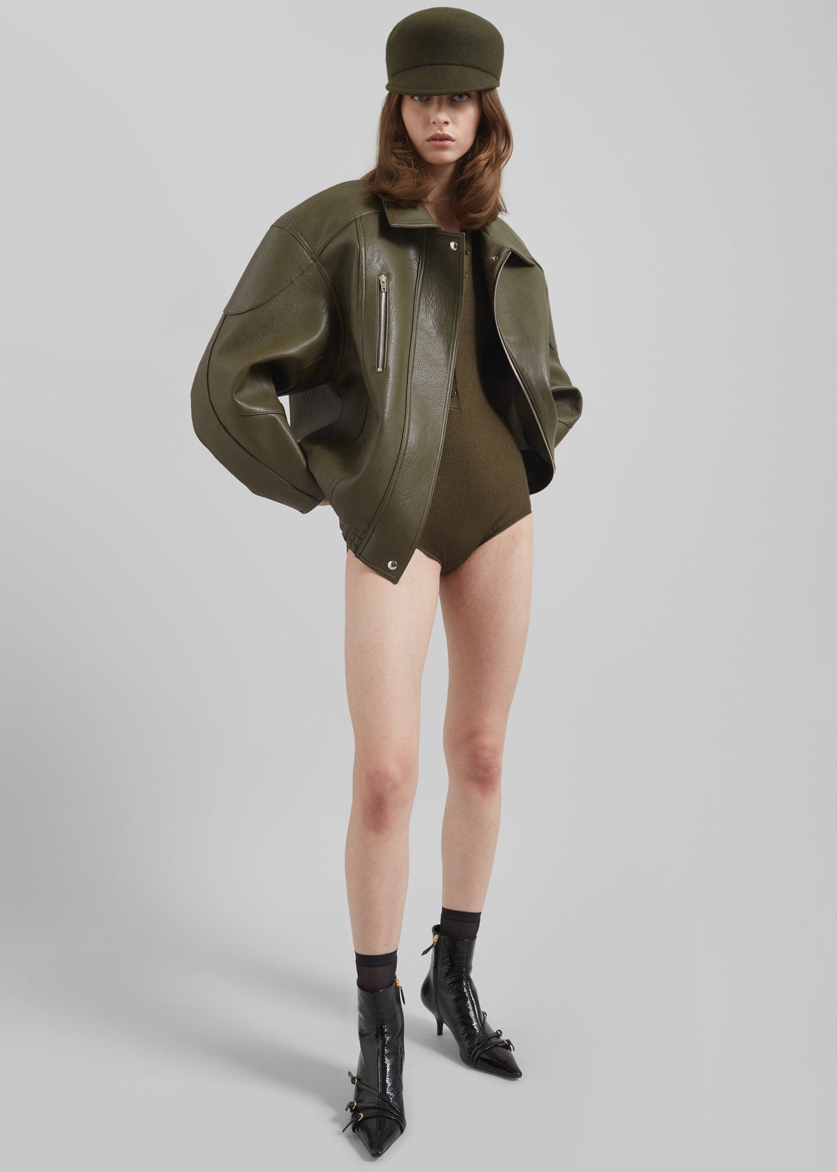 Enora Faux Leather Jacket - Olive - 3