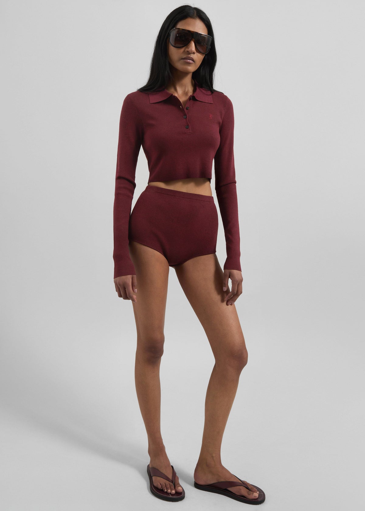 Giselle Cropped Knit Polo - Burgundy - 3