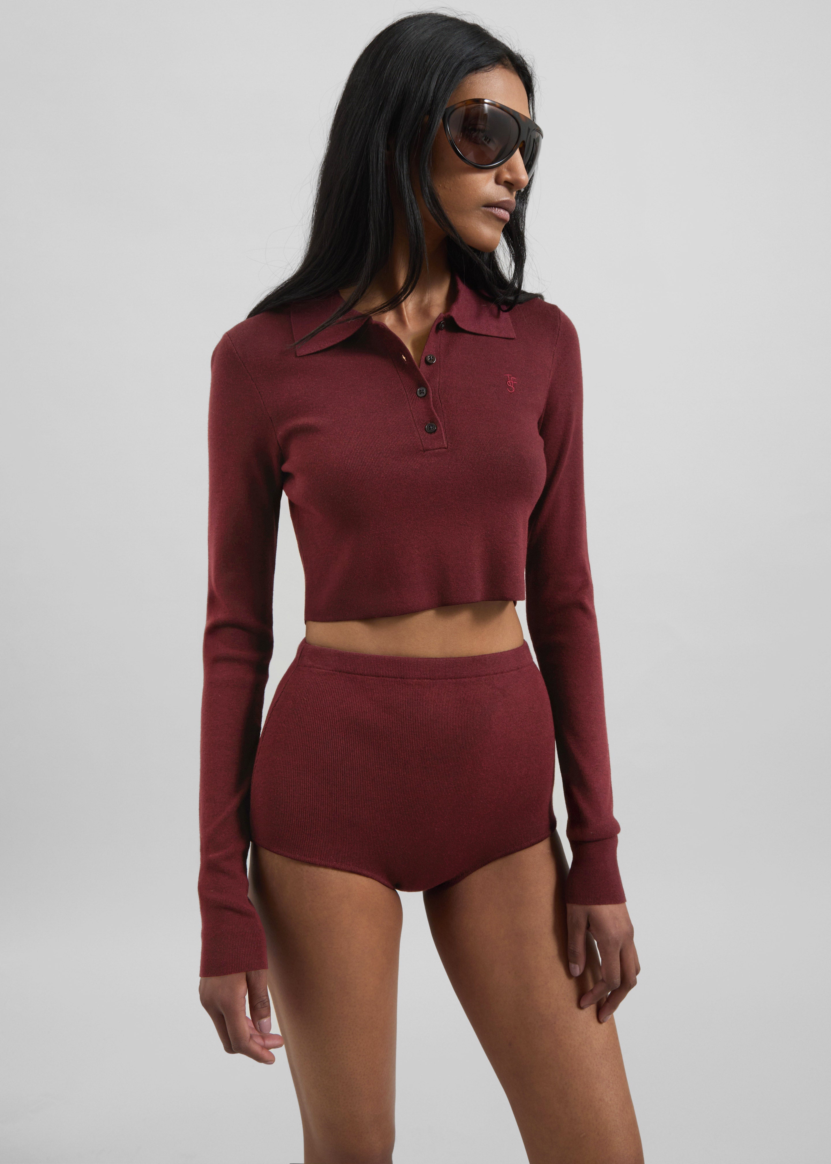 Giselle Cropped Knit Polo - Burgundy - 4