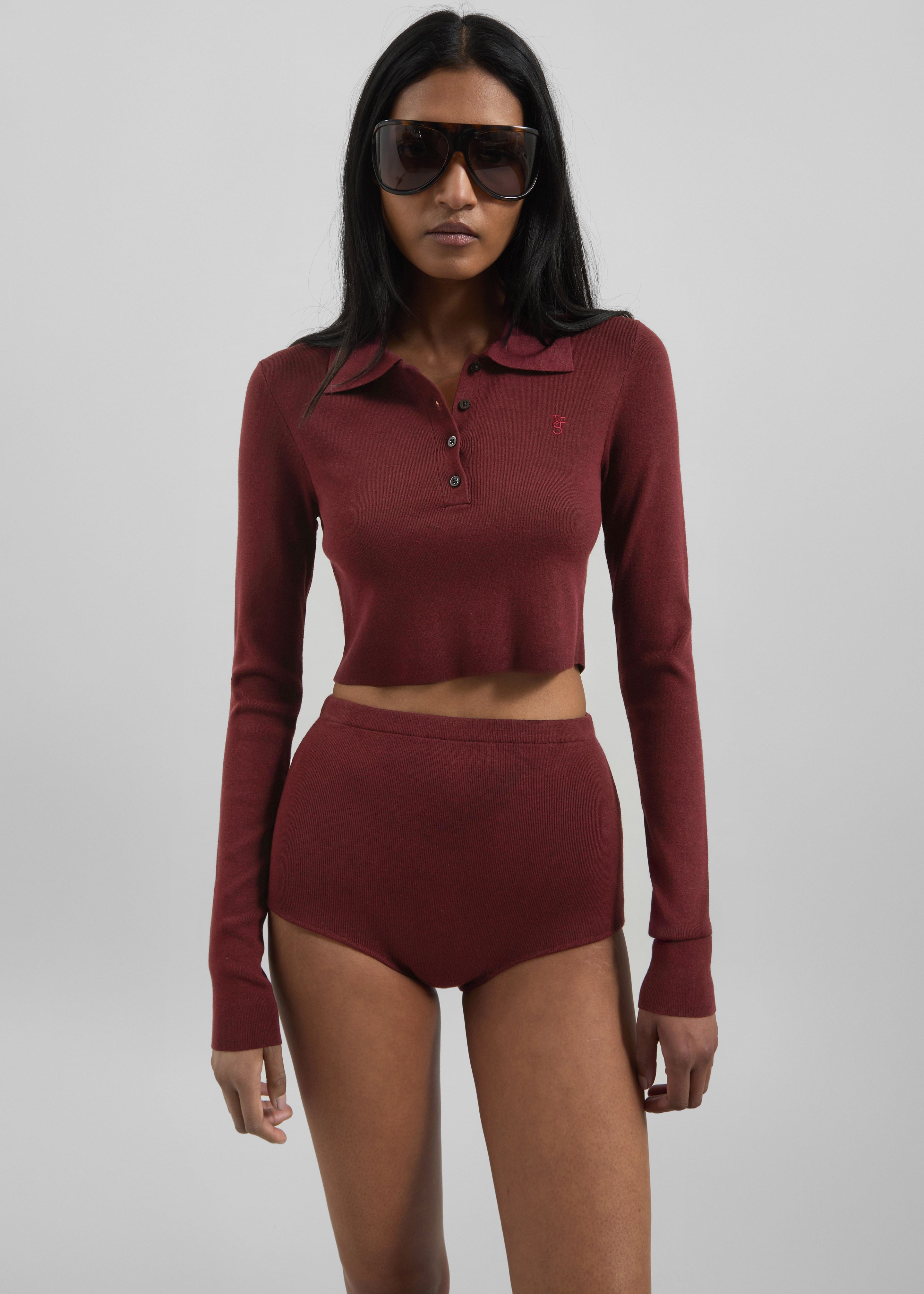 Giselle Cropped Knit Polo - Burgundy - 2