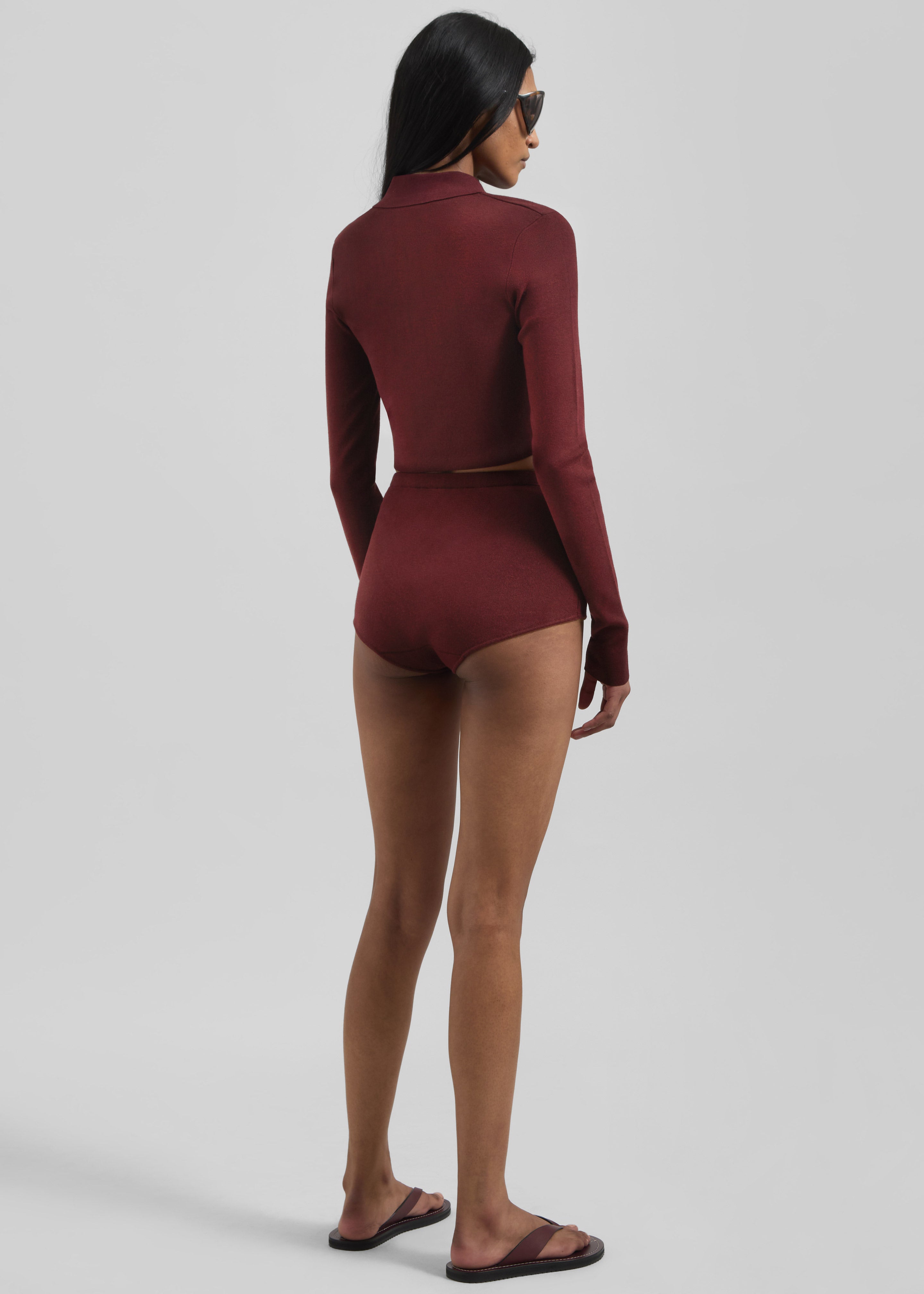 Giselle Cropped Knit Polo - Burgundy - 5