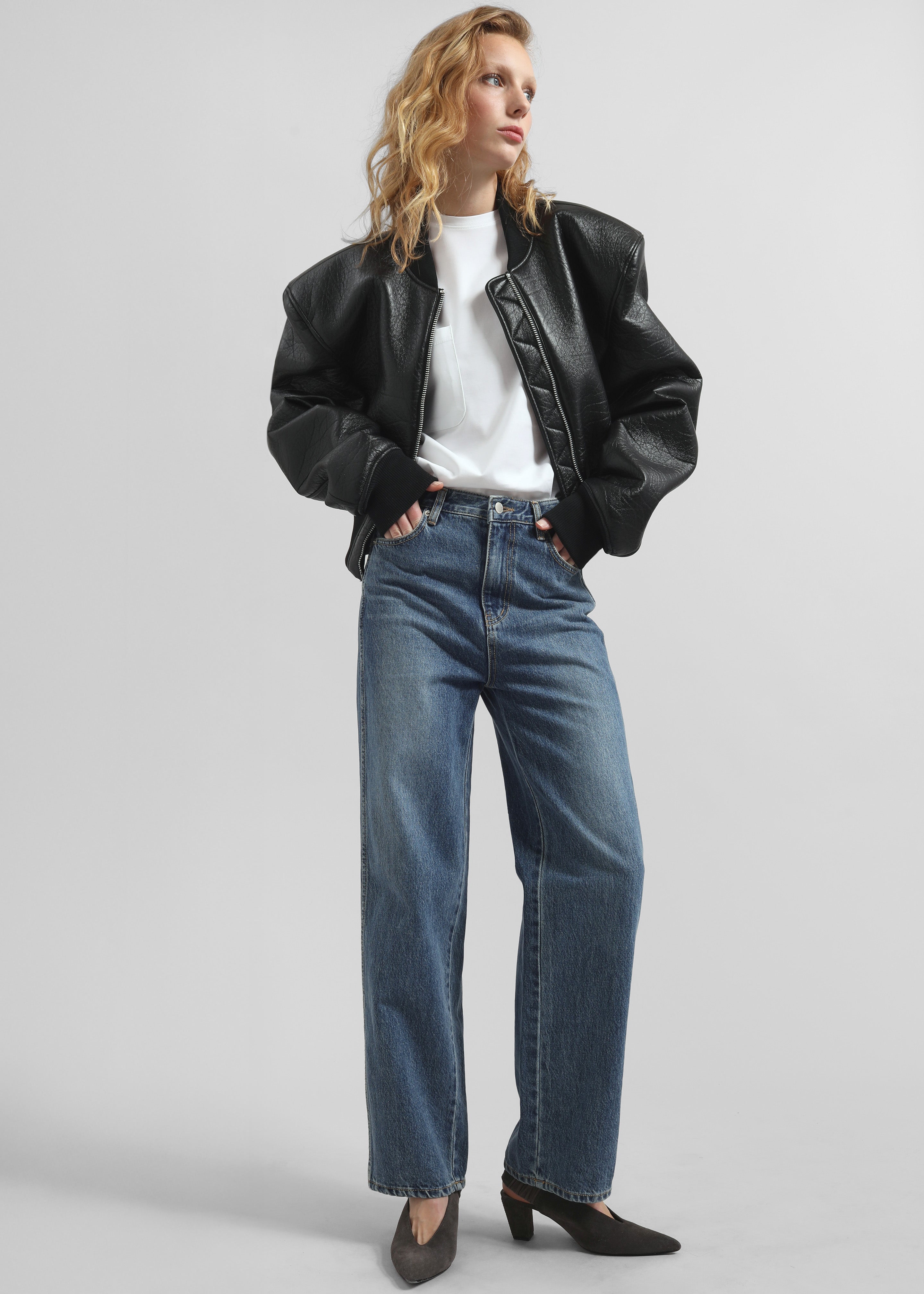 Glane Faux Leather Bomber Jacket - Black - 4