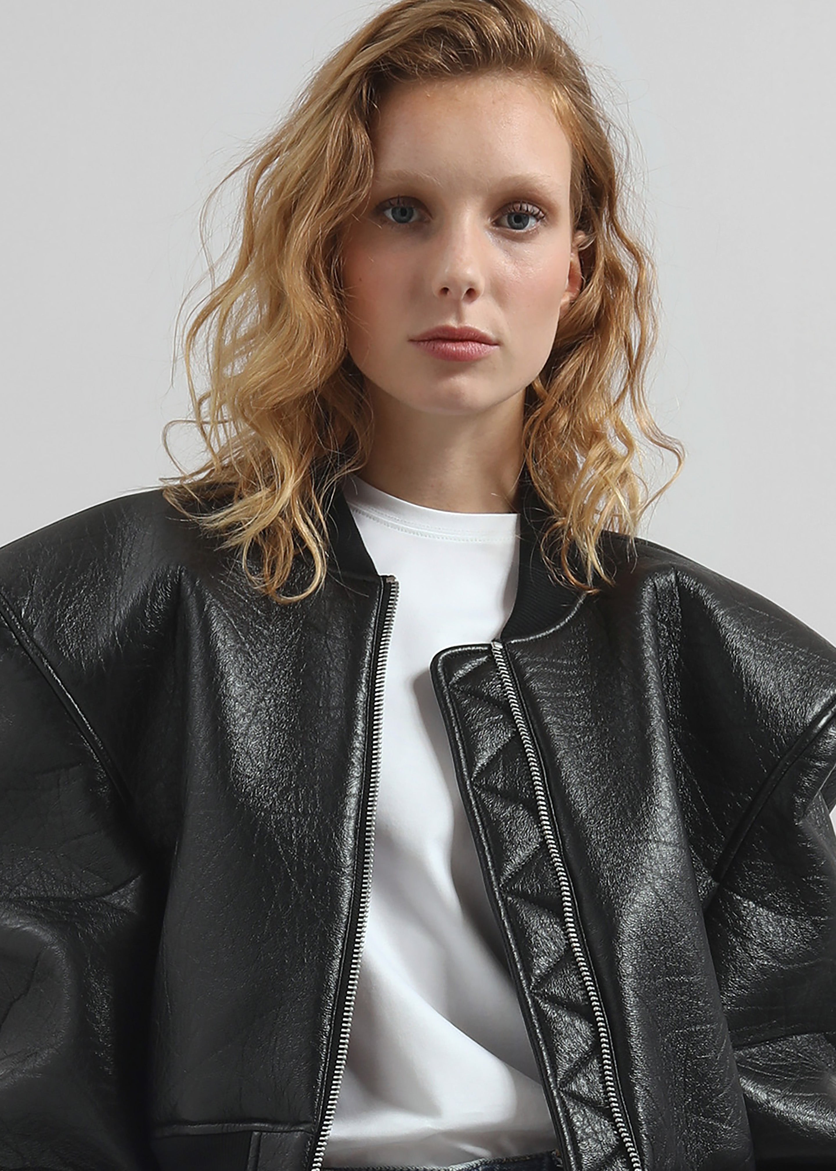 Glane Faux Leather Bomber Jacket - Black - 5