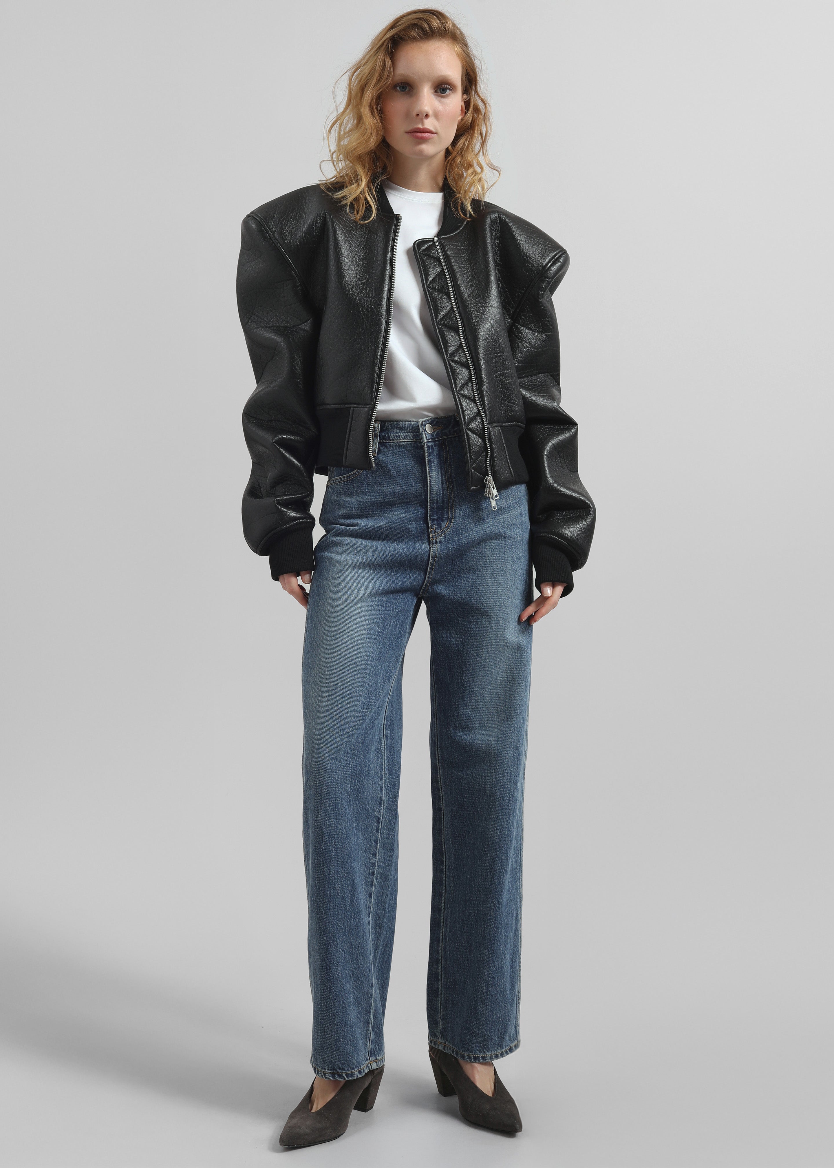 Glane Faux Leather Bomber Jacket - Black - 7