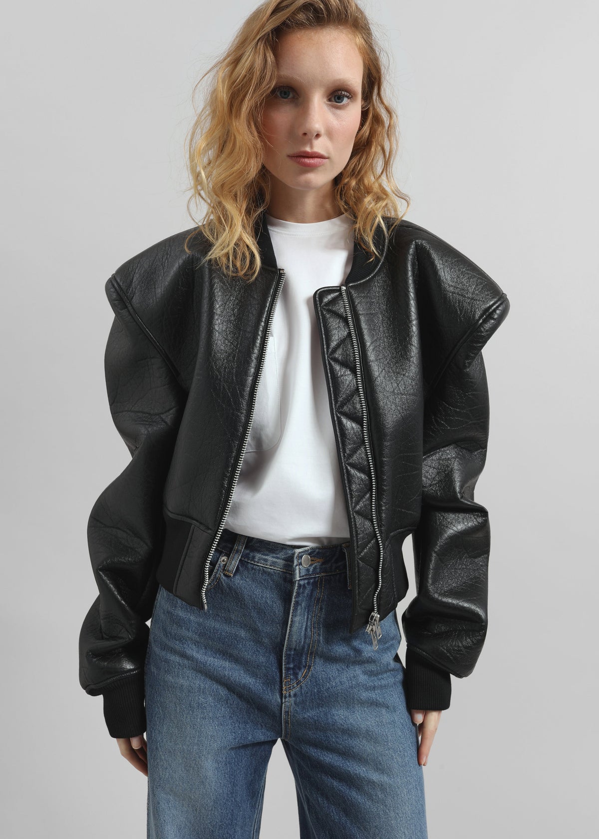 Glane Faux Leather Bomber Jacket - Black - 3