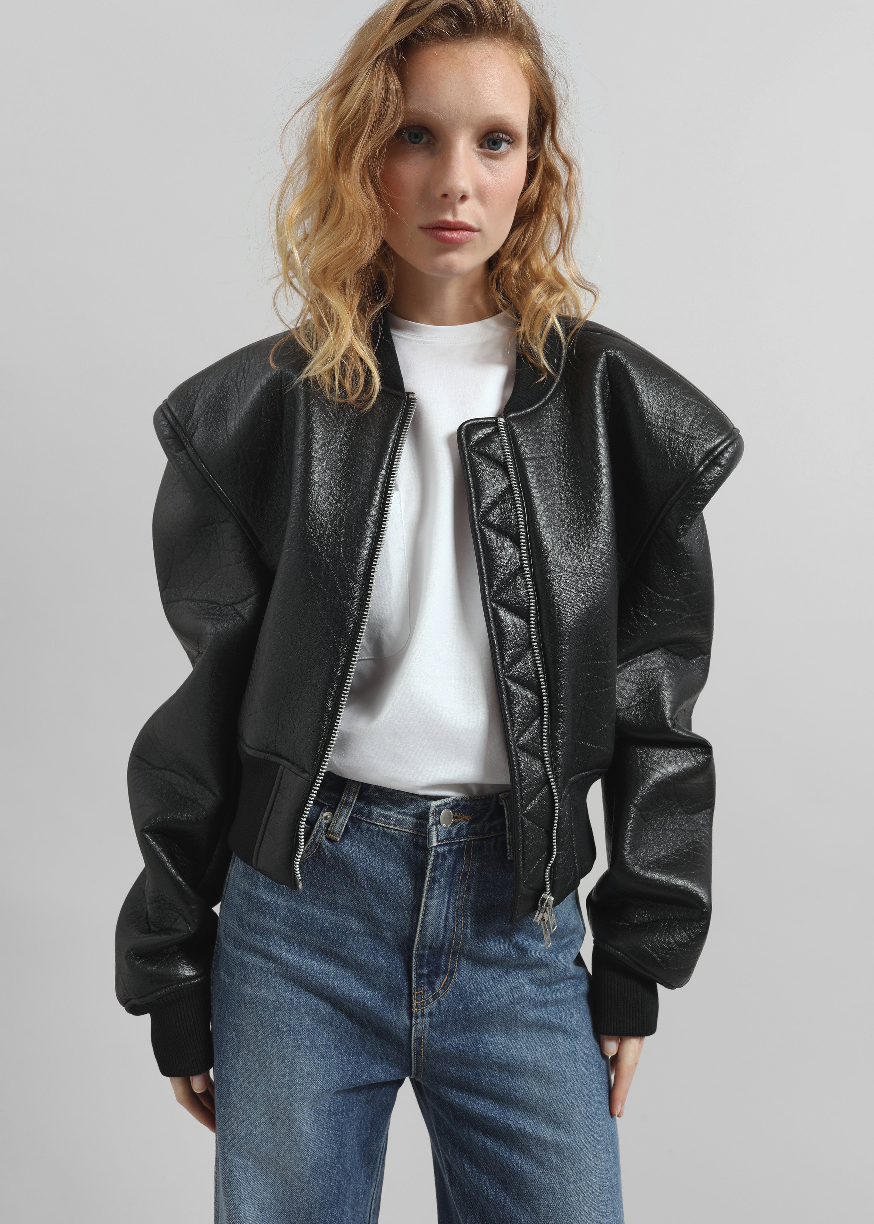Glane Faux Leather Bomber Jacket - Black - 3
