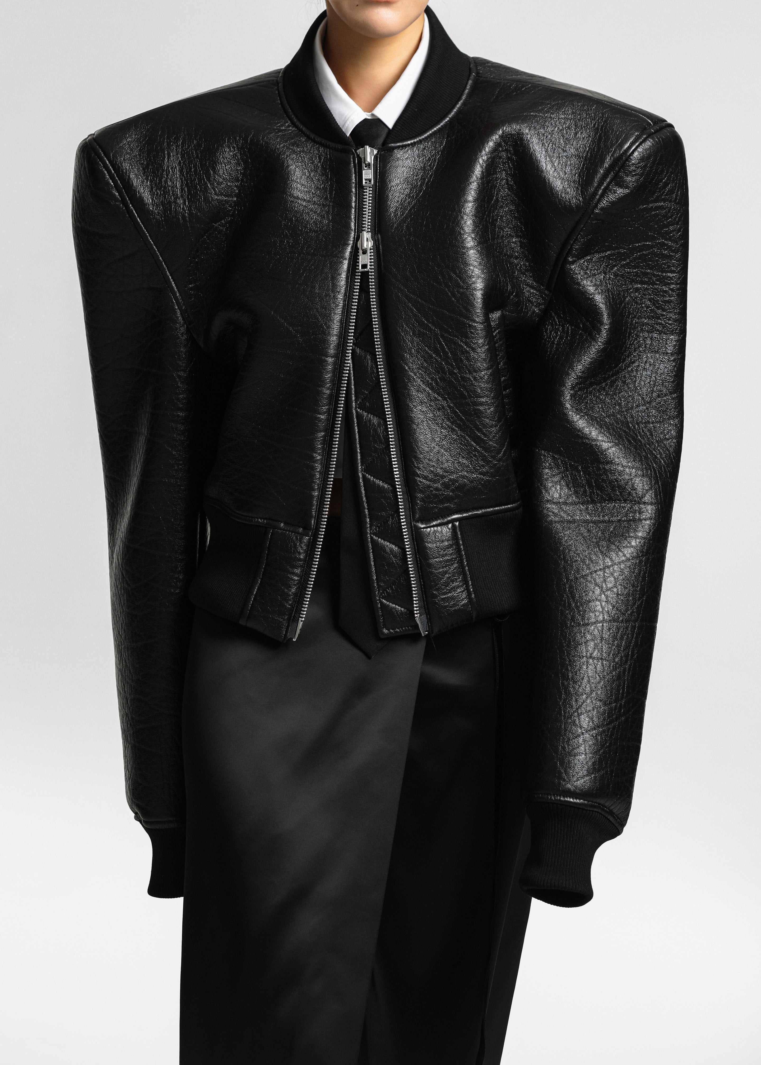 Glane Faux Leather Bomber Jacket - Black - 9