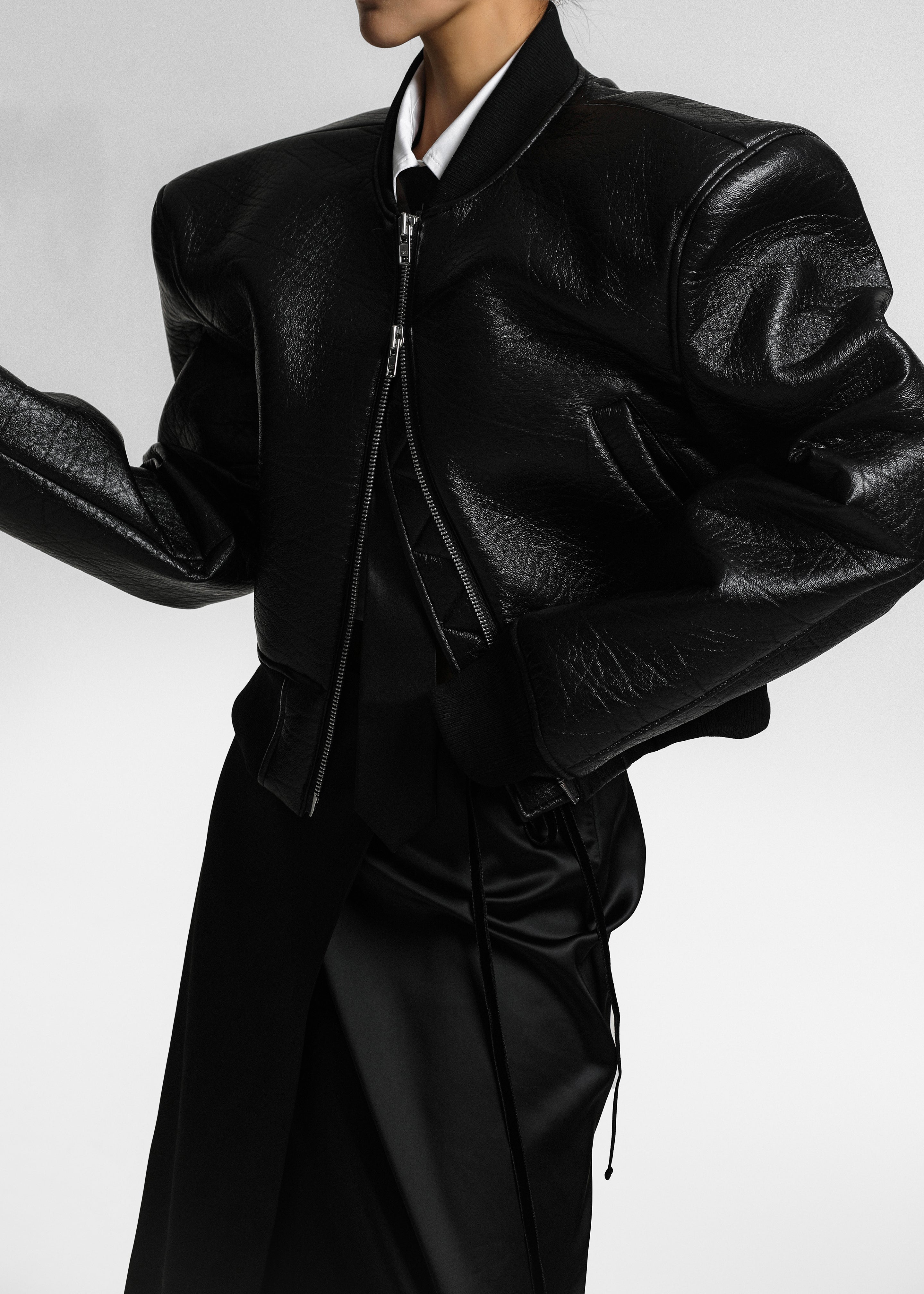 Glane Faux Leather Bomber Jacket - Black - 2