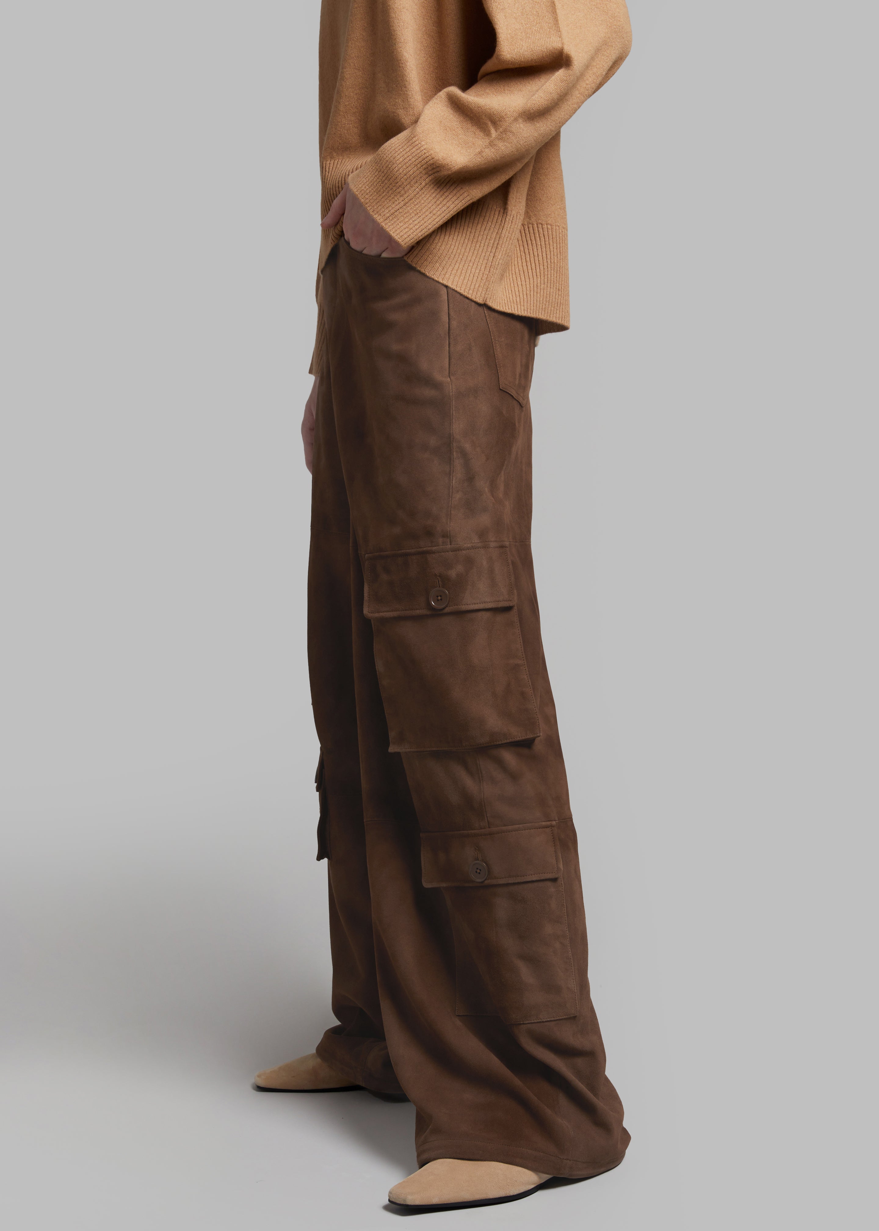 Hailey Suede Oversized Cargo Pants - Brown - 2
