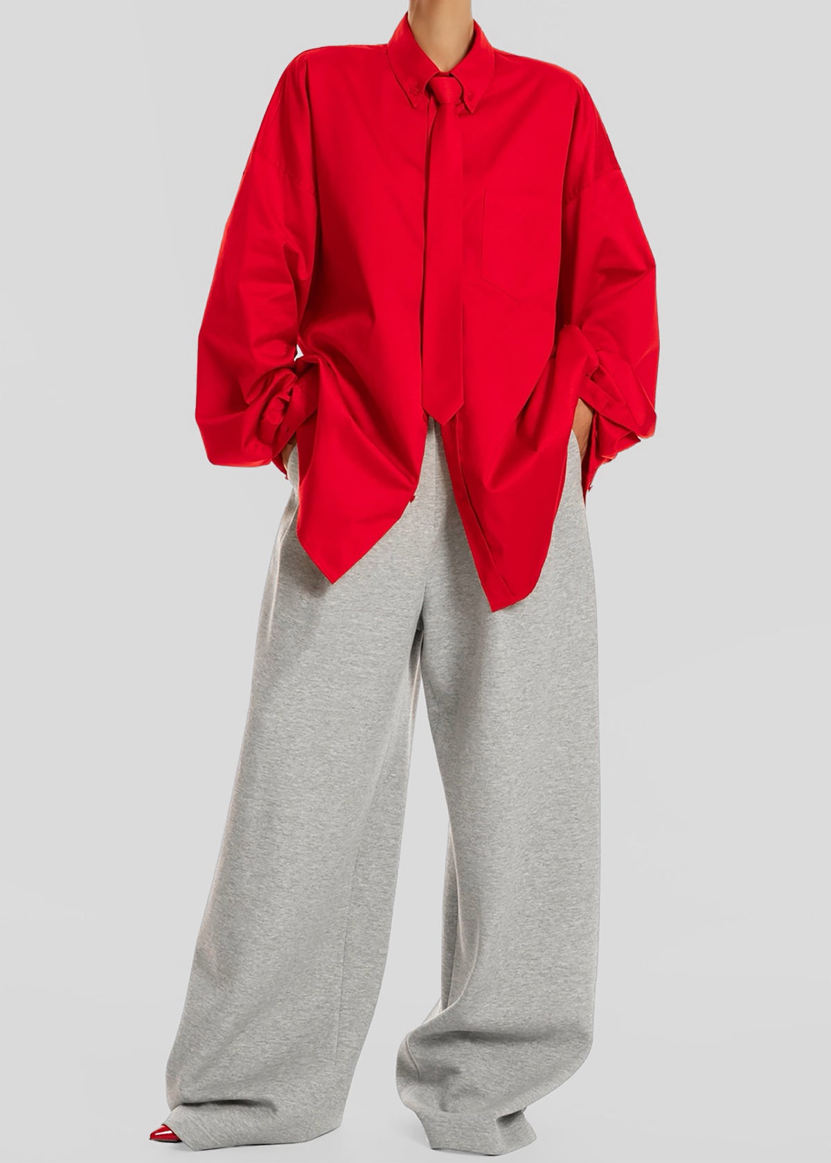 Havelock Oversized Neck-Tie Shirt - Red - 5