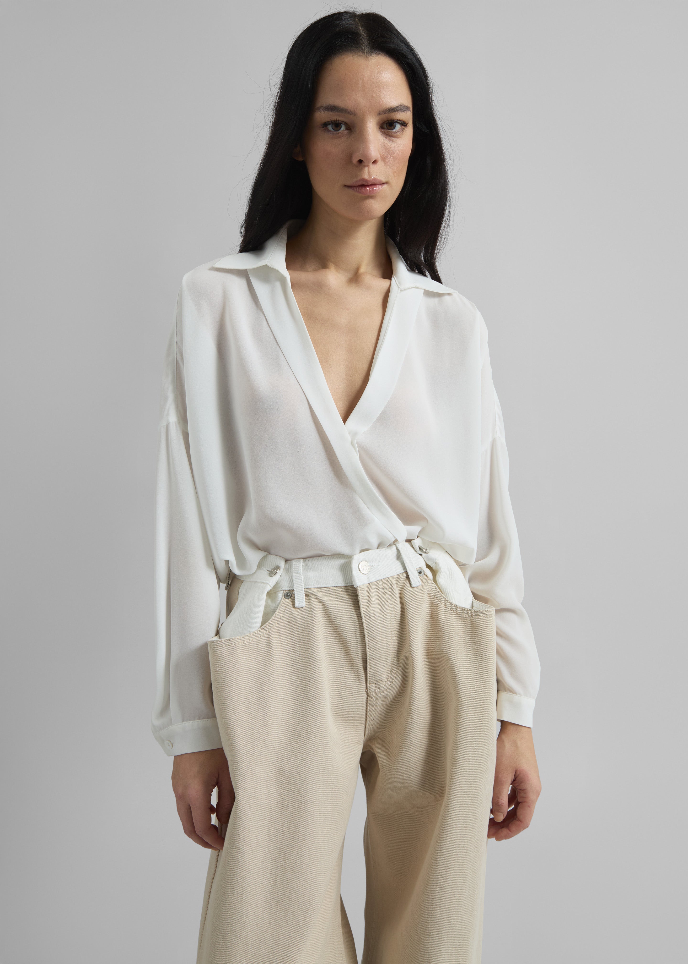Hayla Contrast Denim Pants - Beige/Off White - 5