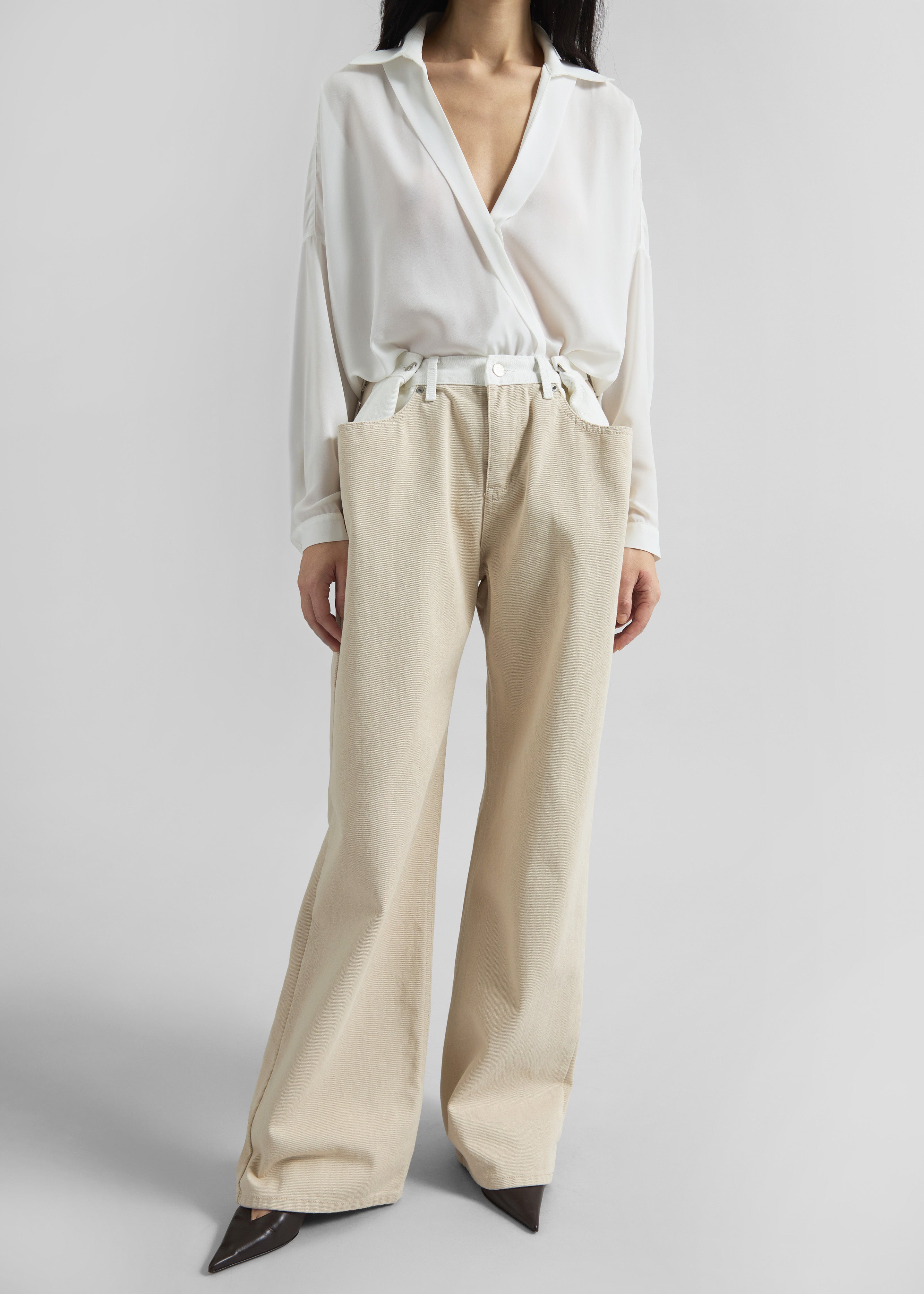 Hayla Contrast Denim Pants - Beige/Off White - 2