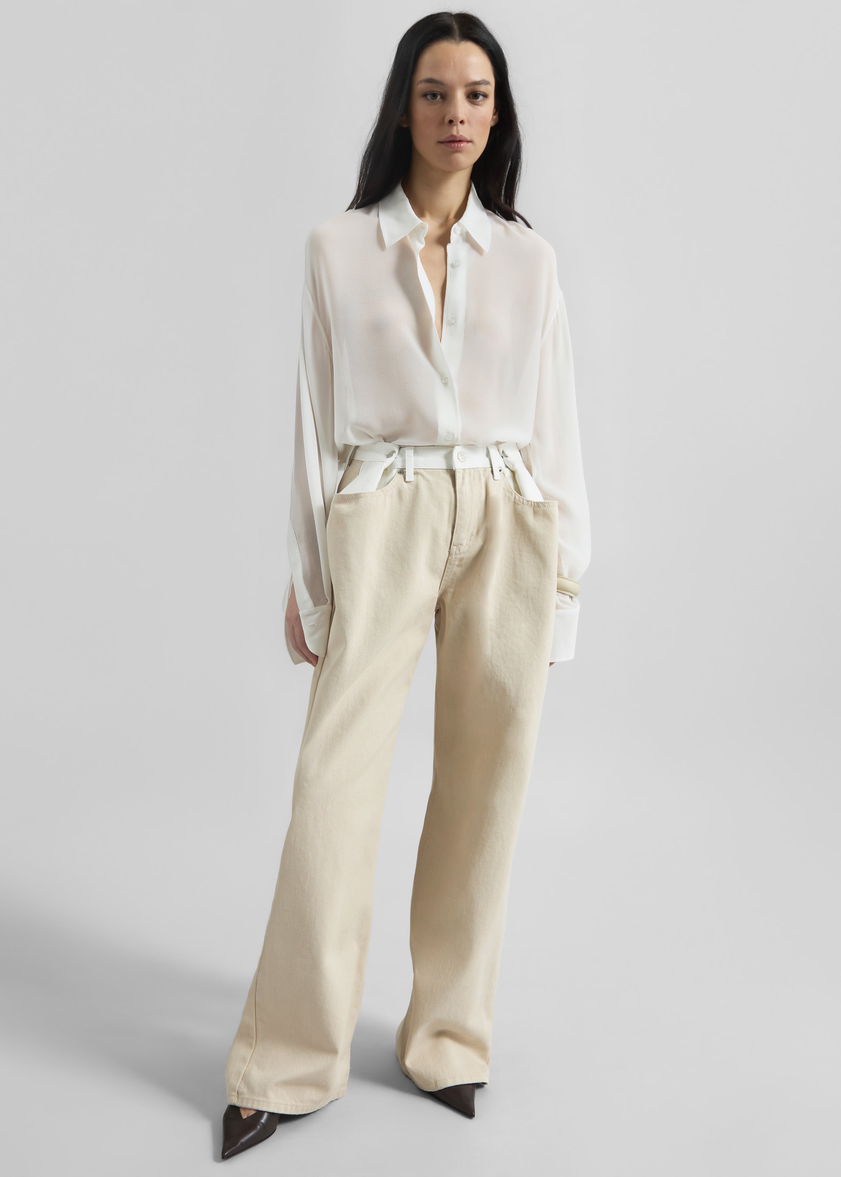 Hayla Contrast Denim Pants - Beige/Off White - 1