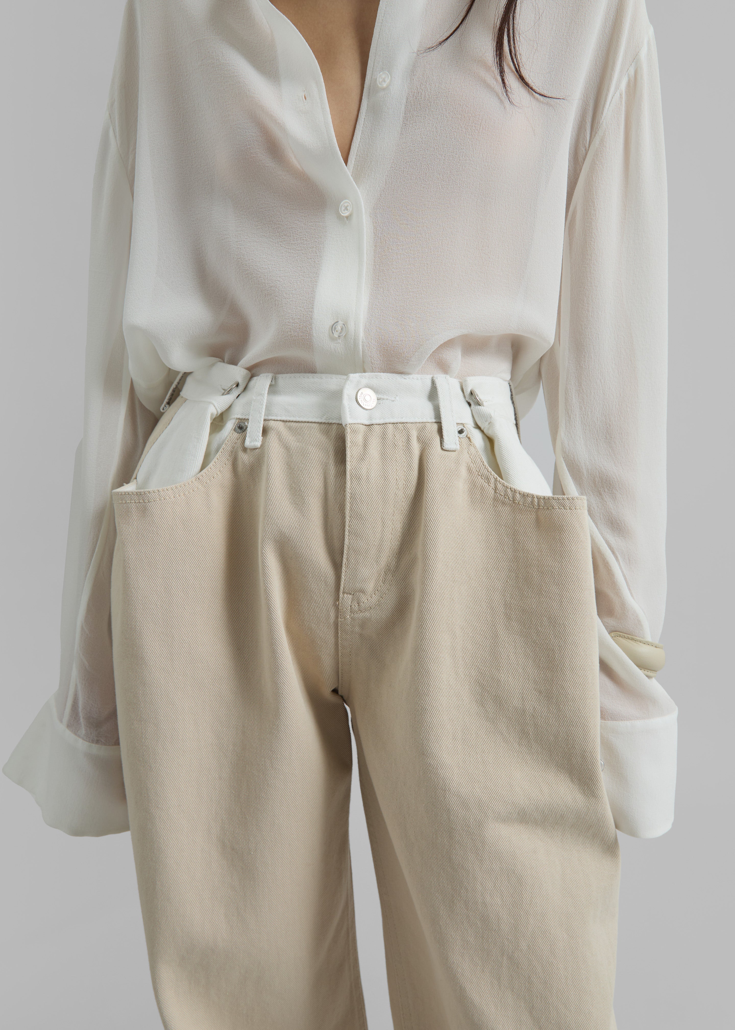 Hayla Contrast Denim Pants - Beige/Off White - 3