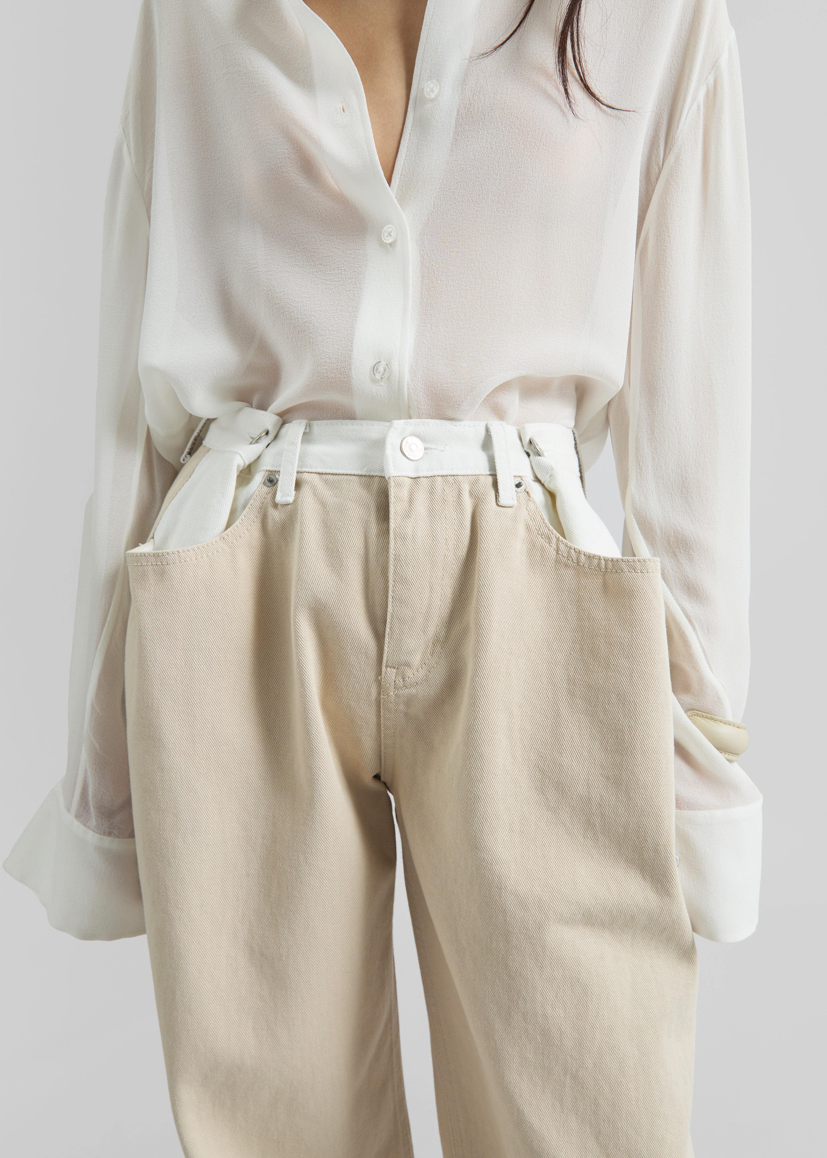 Hayla Contrast Denim Pants - Beige/Off White - 3