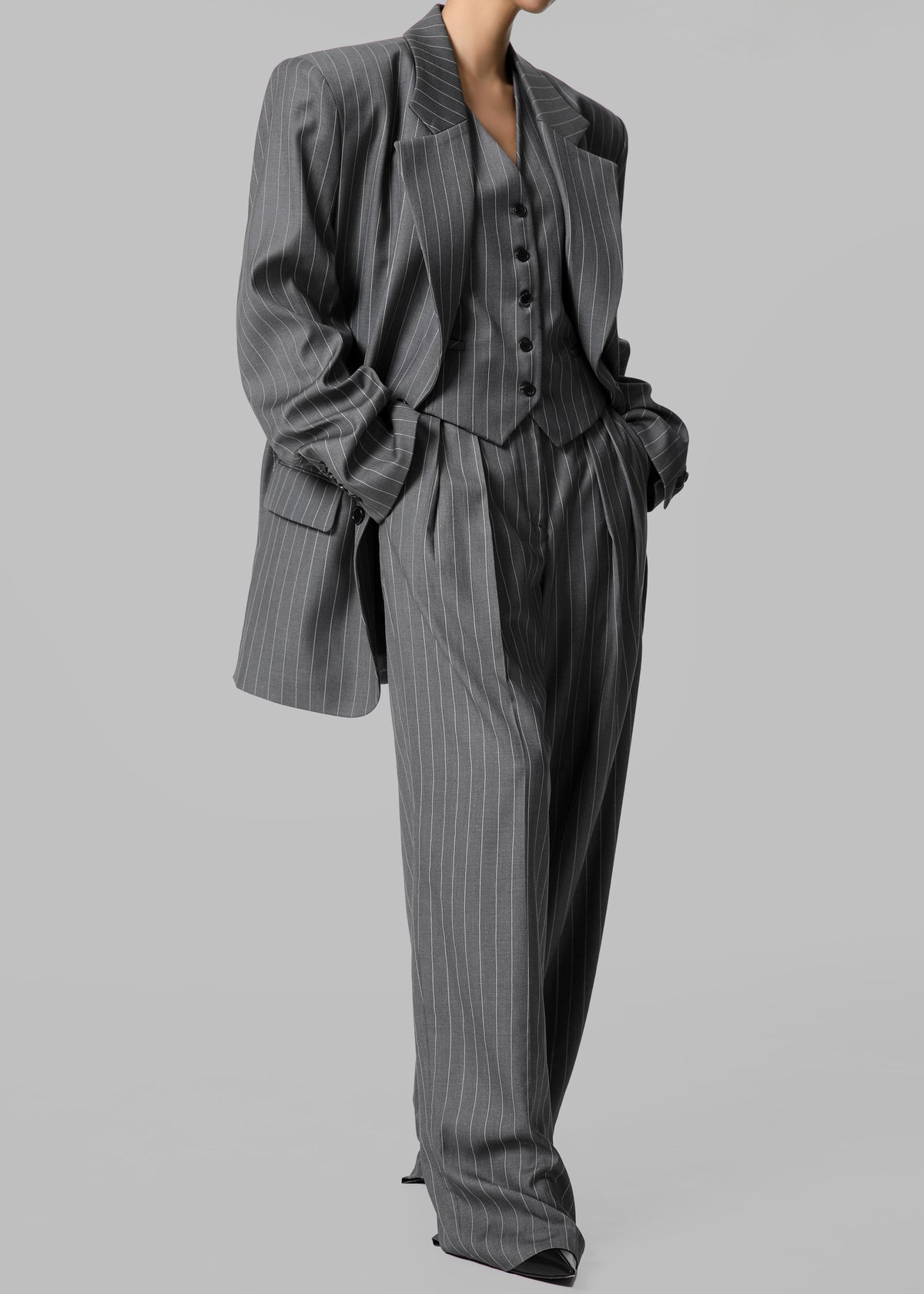 Holland Pleated Trousers - Charcoal/White Pinstripe - 6