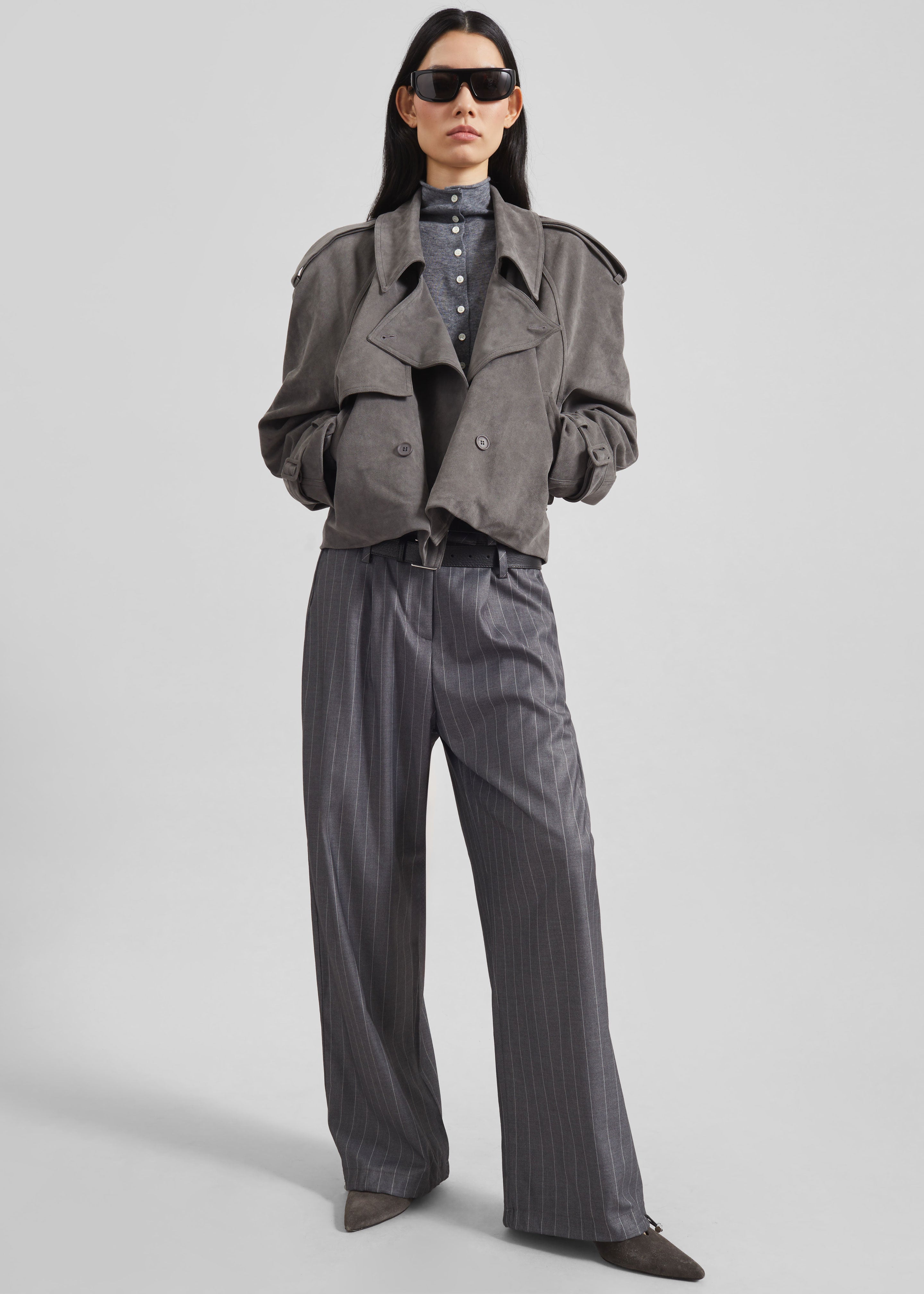 Islington Faux Suede Cropped Trench - Grey - 2