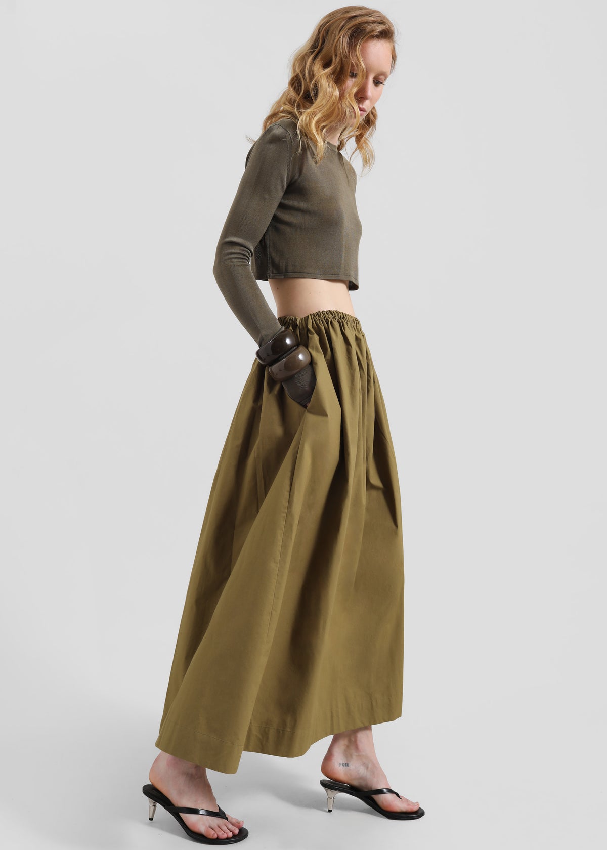 Jalev Gathered Cotton Skirt - Martini Olive - 2
