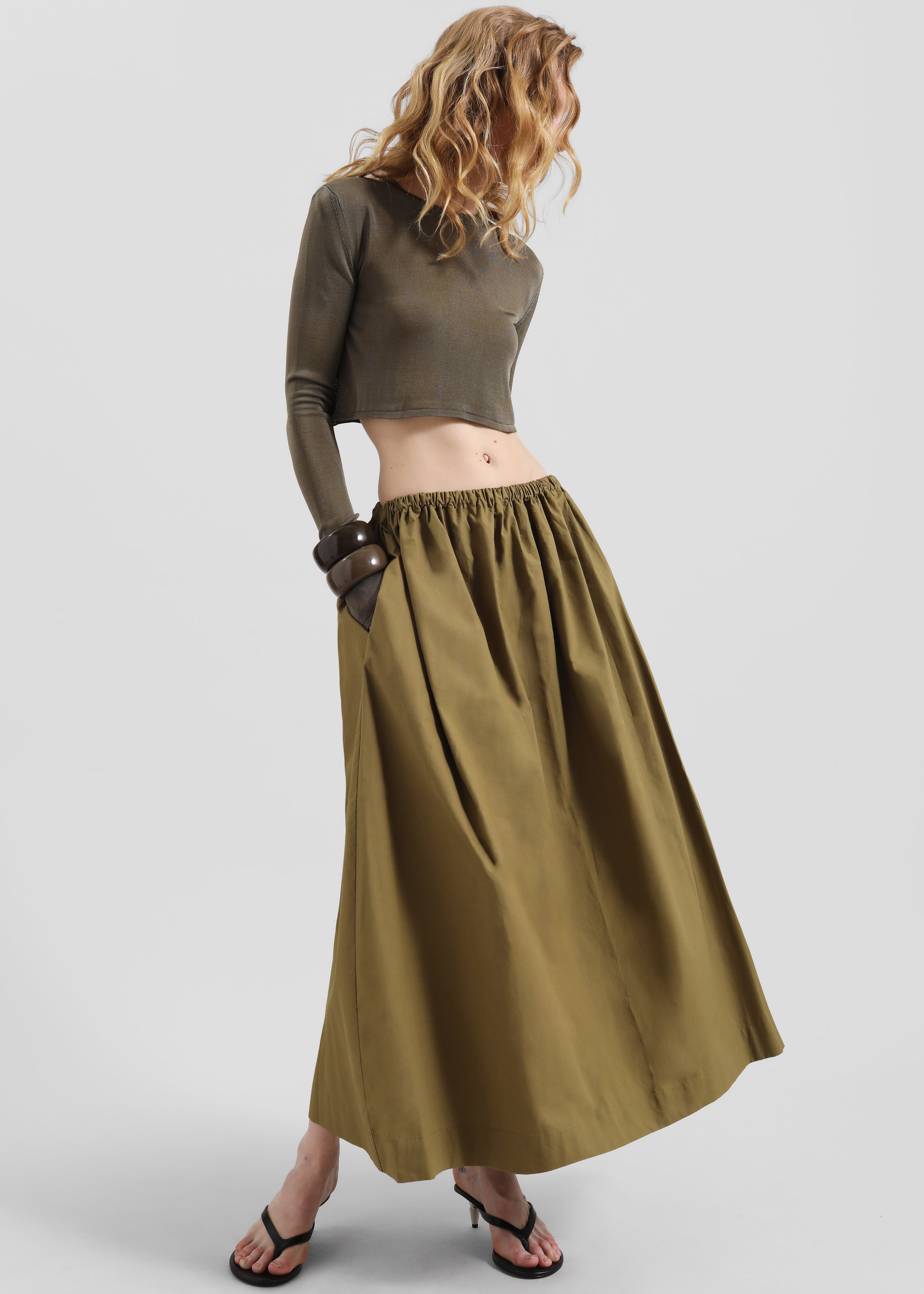 Jalev Gathered Cotton Skirt - Martini Olive - 4