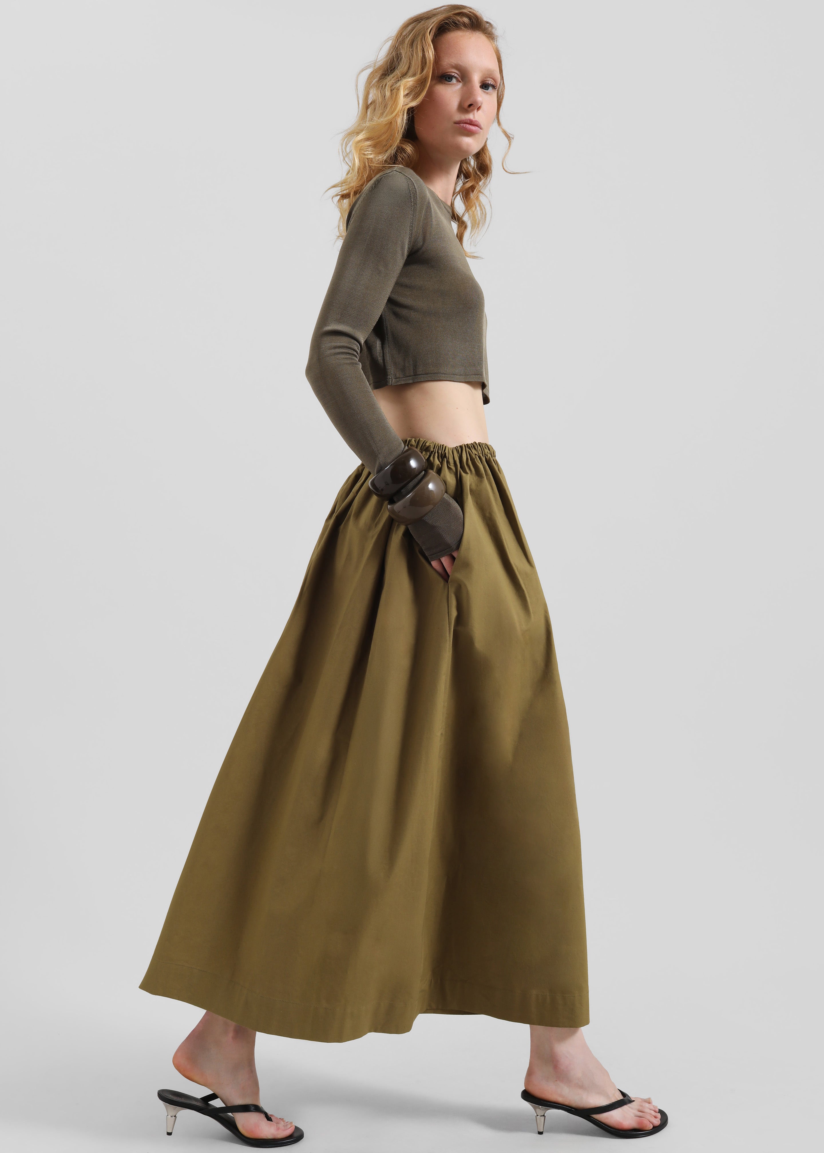 Jalev Gathered Cotton Skirt - Martini Olive - 6