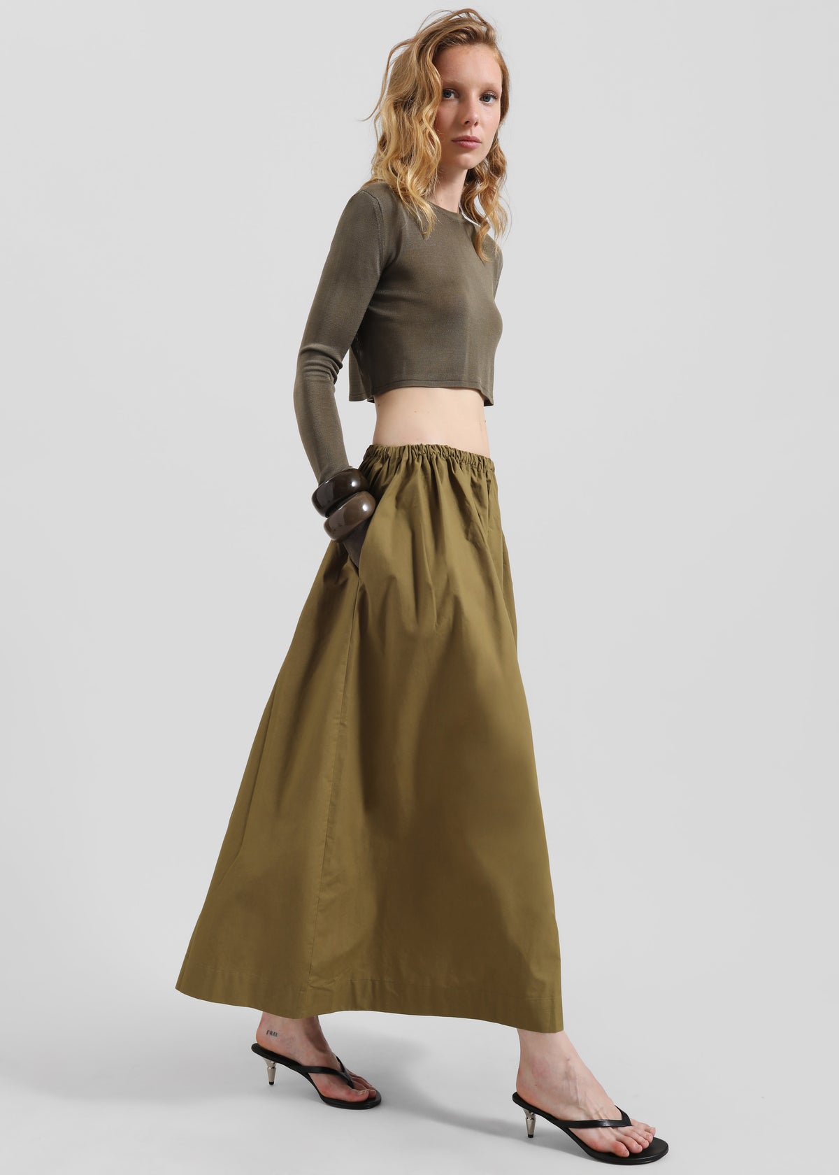 Jalev Gathered Cotton Skirt - Martini Olive - 1